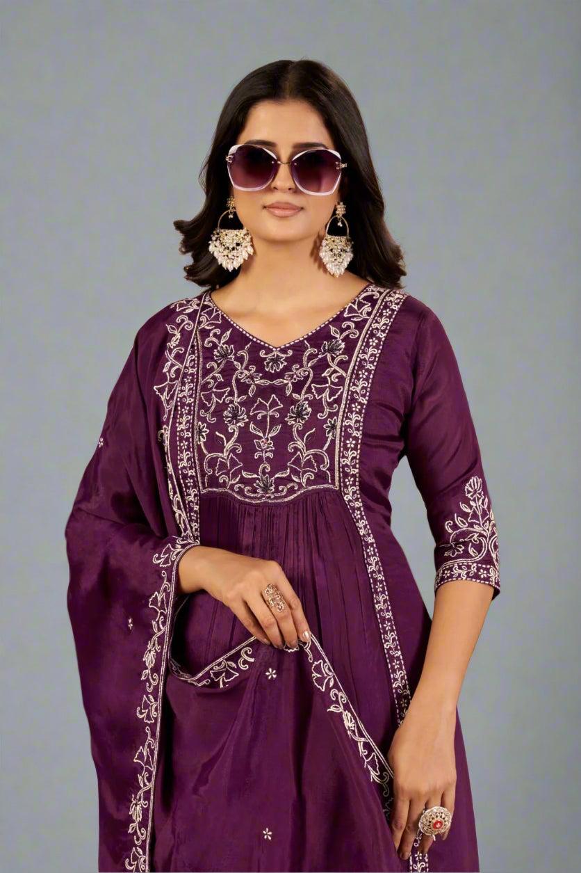 "Devi" Purple  Chinnon Embroidery 01 Airline Handwork Kurtha