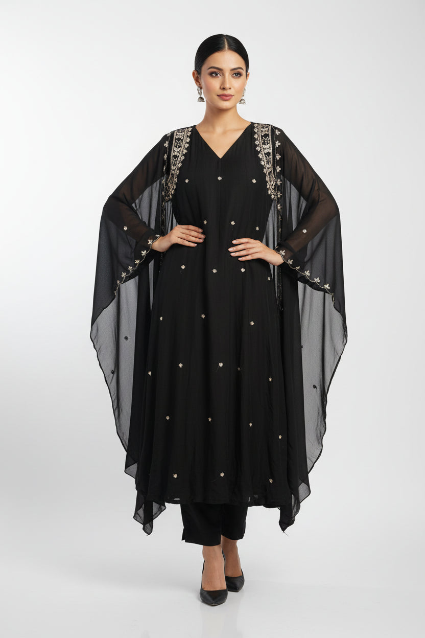 “Pani" Black Mul Chanderi Silk Anarkali Handwork Kurtha 515