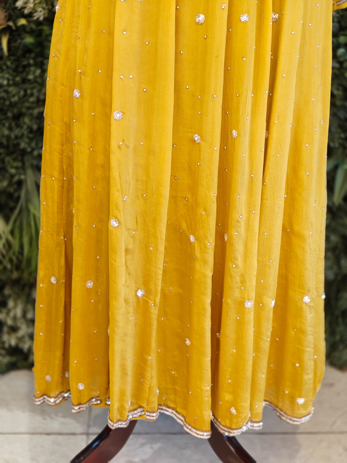 “Pari" Yellow Anarkali chinnon handwork party ware Kurtha 567