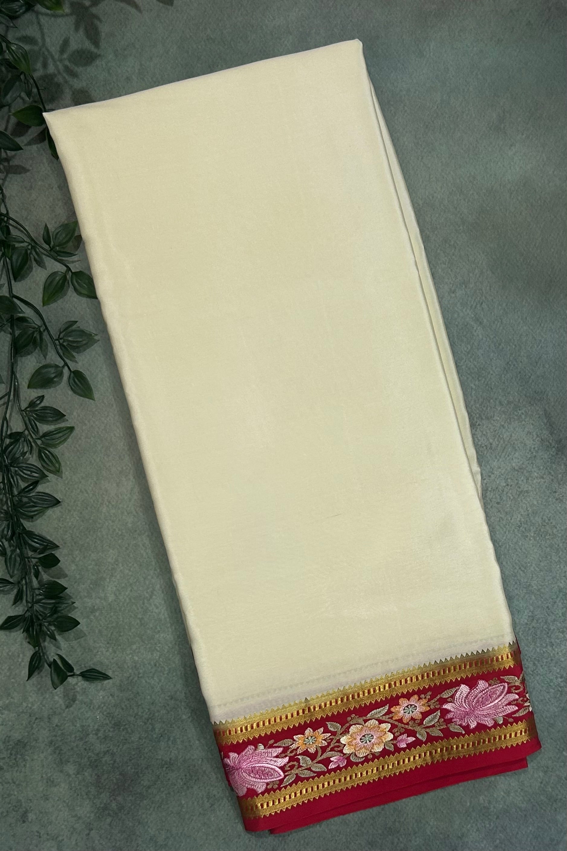 Cream n red embroidered pure mysore crepe-12 silk saree