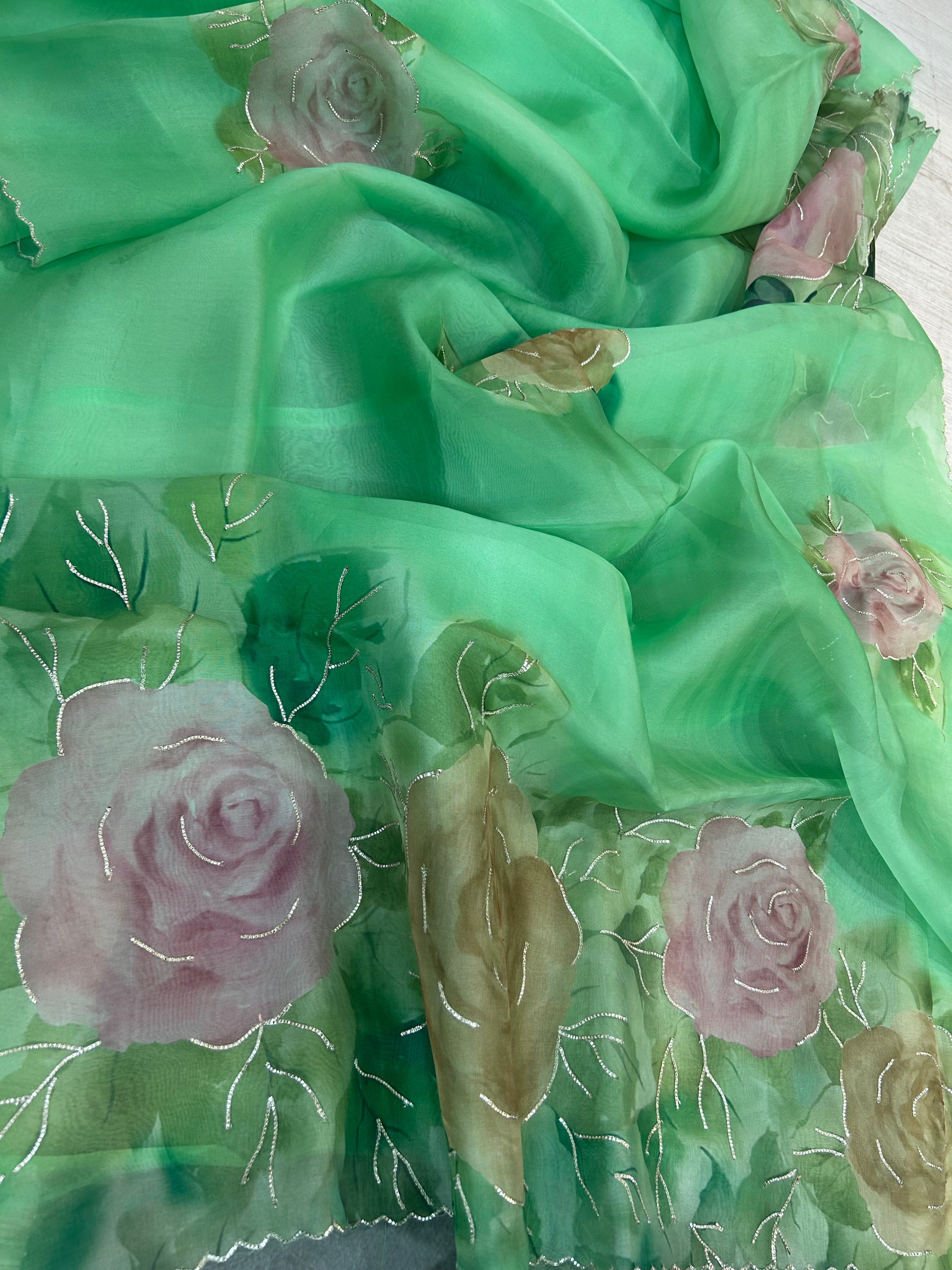Aqua green pure 104 organza silk saree