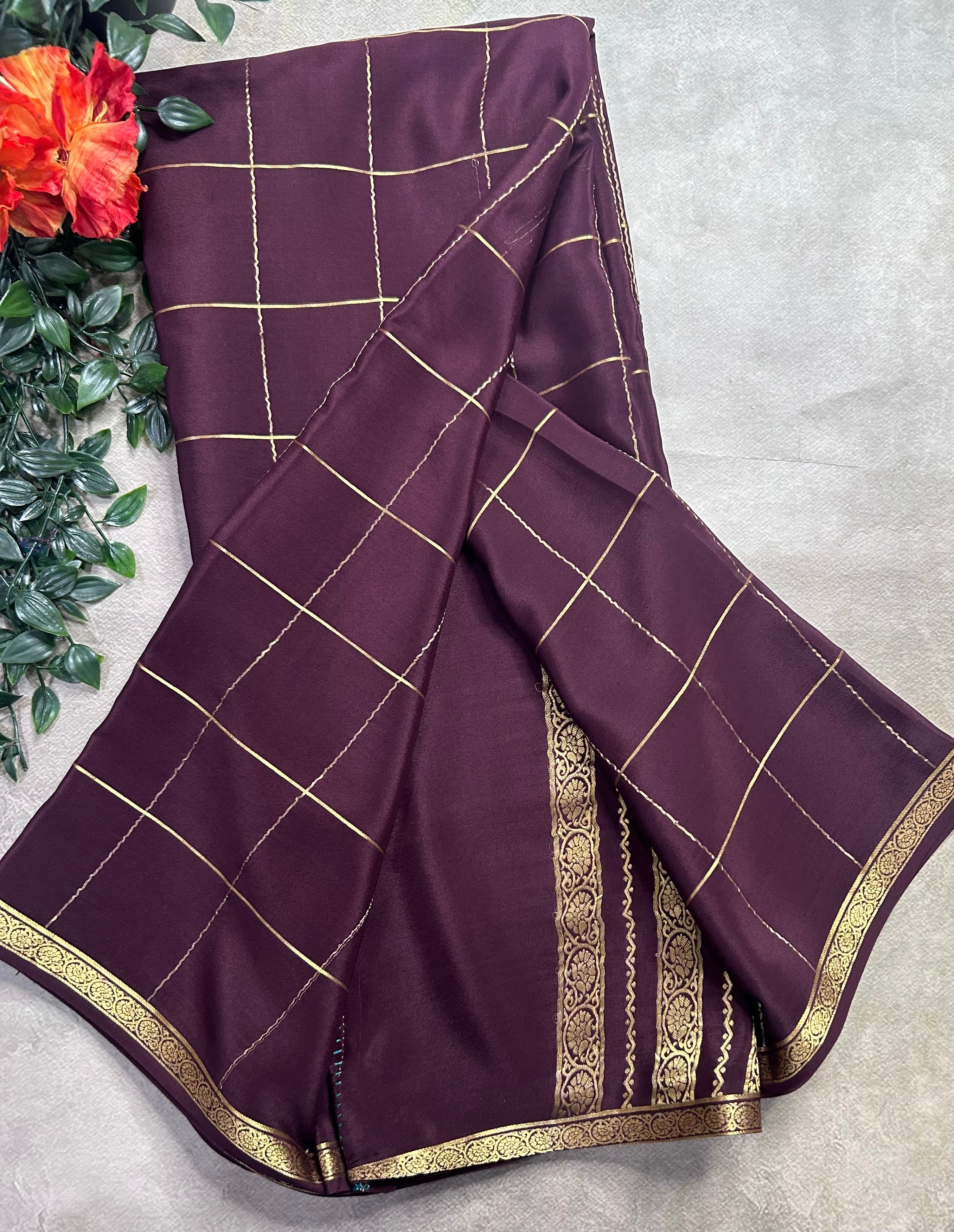 Brown big checks pure Mysore silk 106 saree