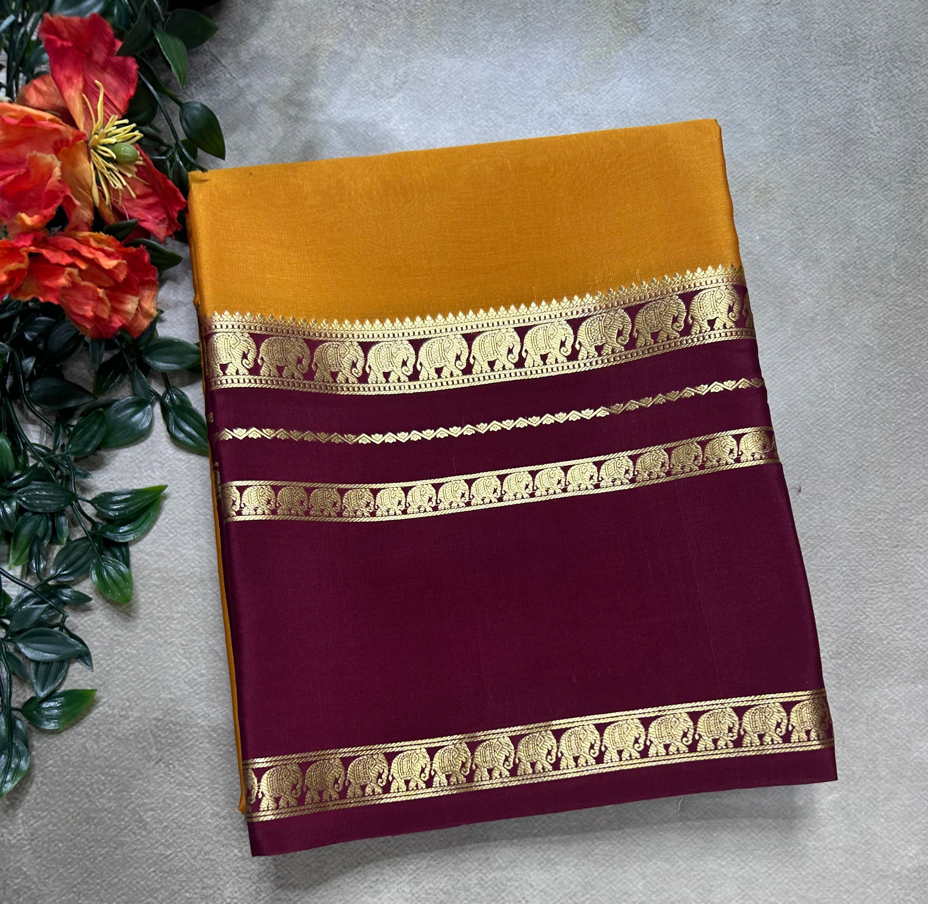 Dark mustard Yellow bentex border pure mysore silk saree(YMS106)