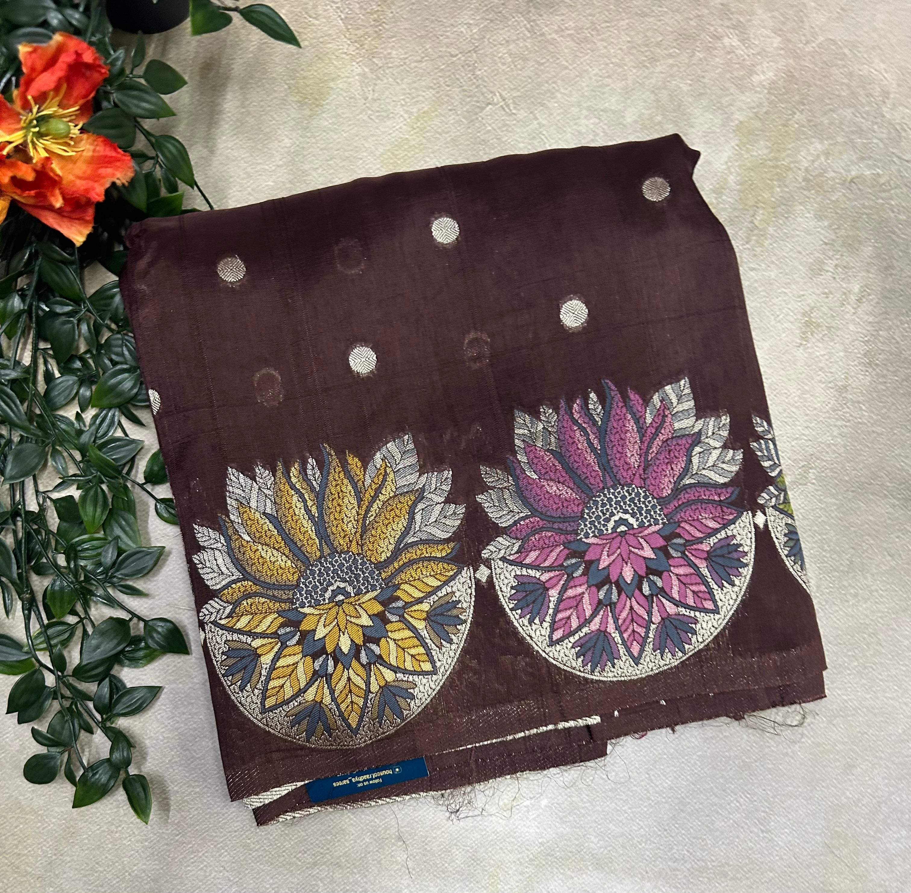 Dark brown Meena Butta  Semi Tussar saree