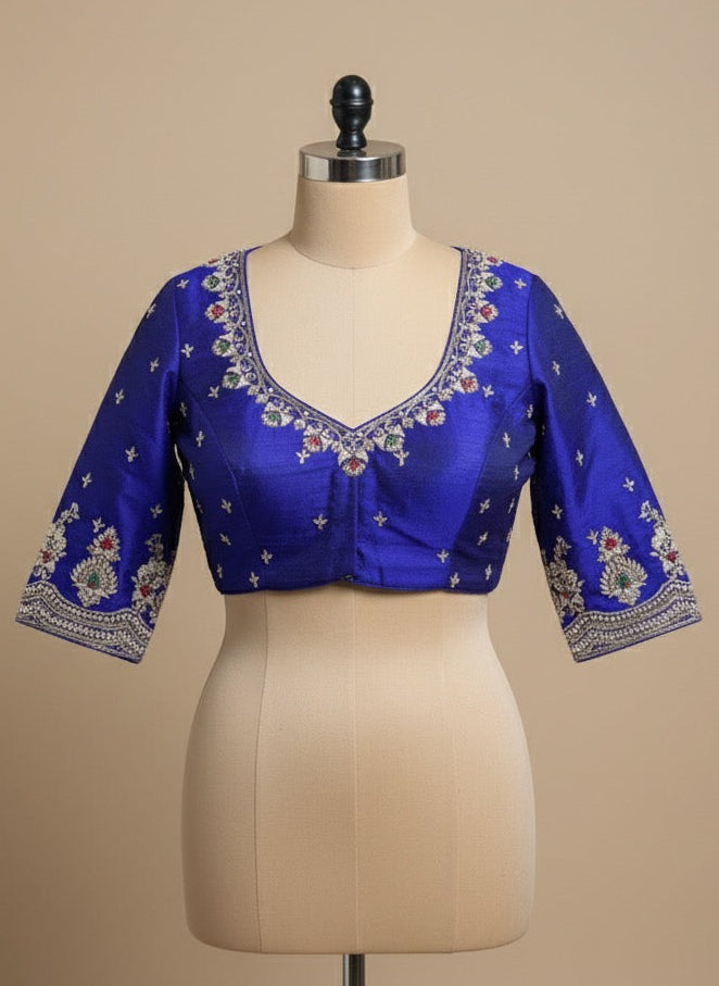 Royal blue scallop handwork blouse
