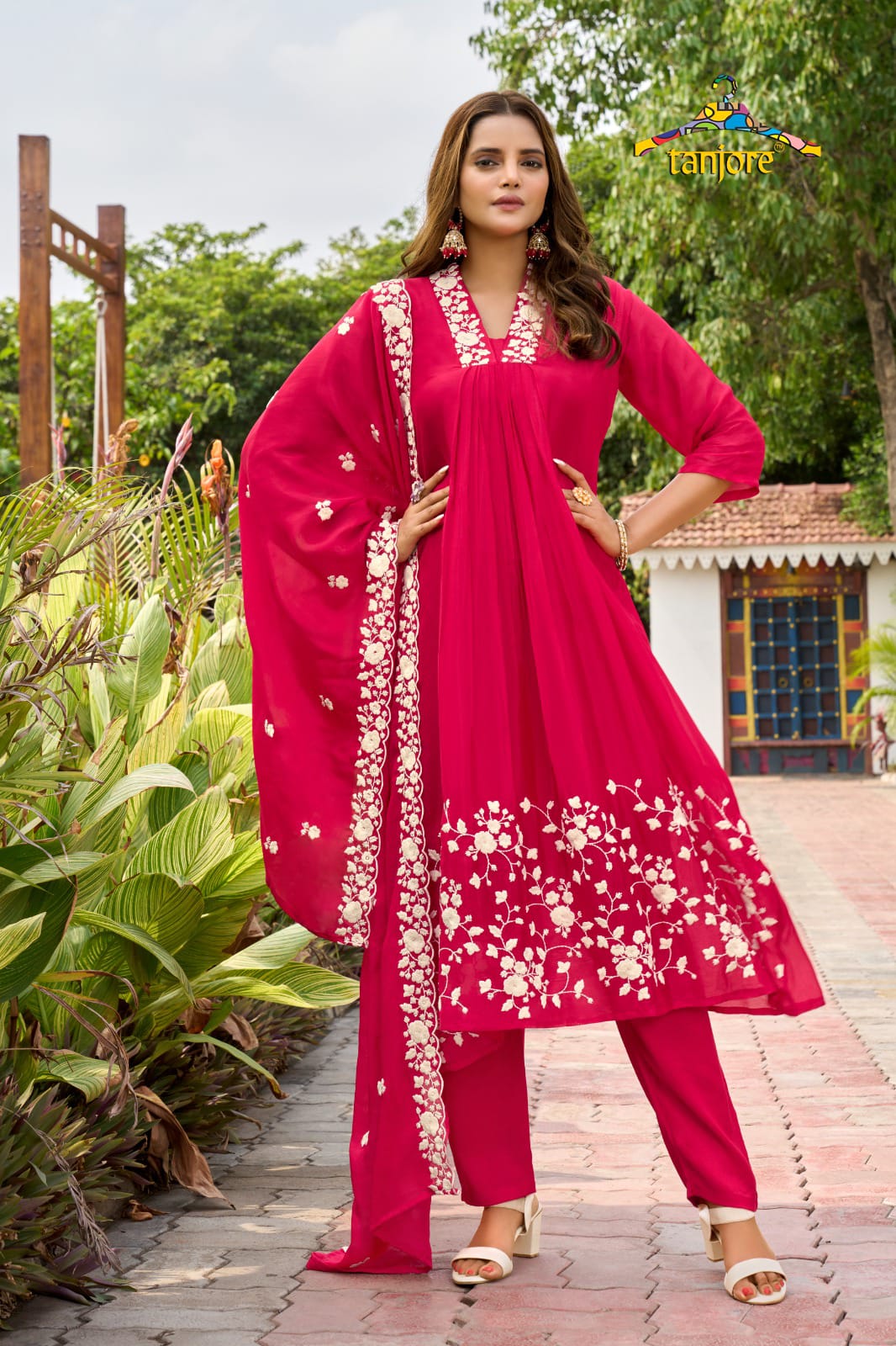 "Devi" Cherry Pink  Chinnon Embroidery 309 Airline Handwork Kurtha plus size