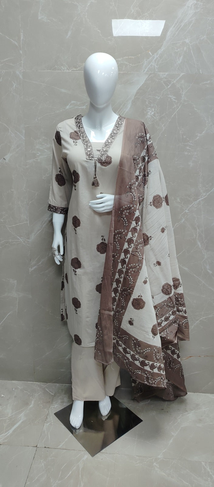 Cream and brown embriodery mul Cotton A Line Kurtha 389