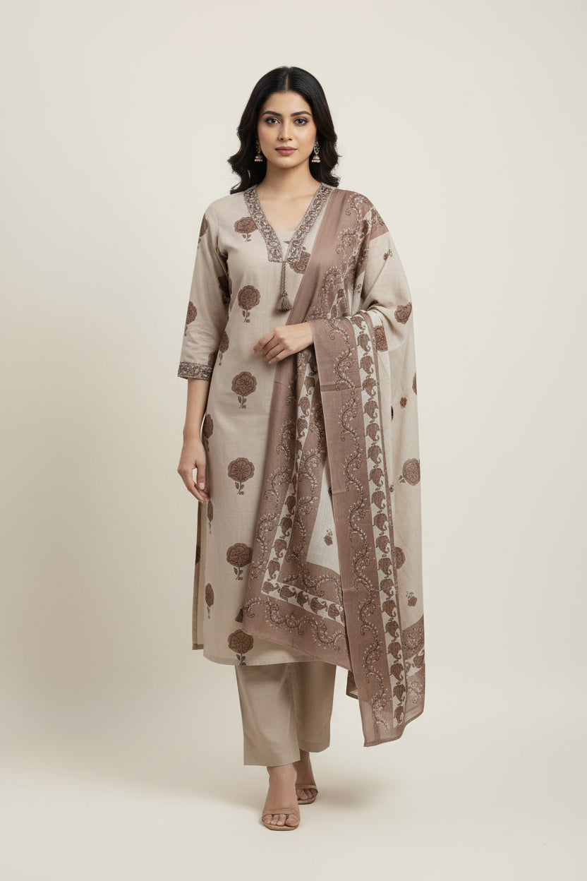 Cream and brown embriodery mul Cotton A Line Kurtha 389