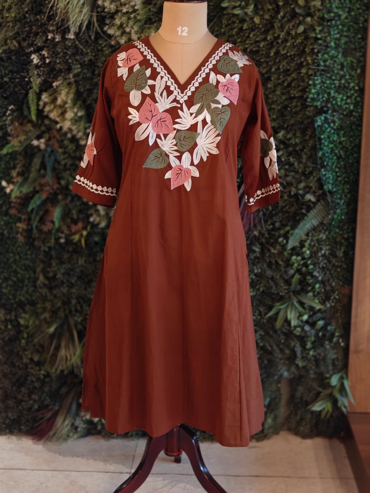 Brown Cotton Hand Embroidery Airline Kurtha 384