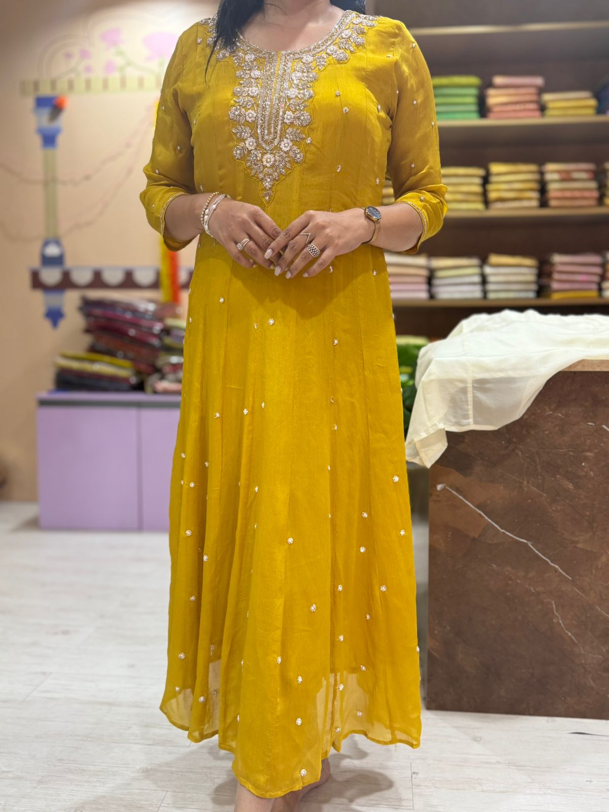 "Pari" Mastuard Yellow Anarkali Handwork Kurtha 567