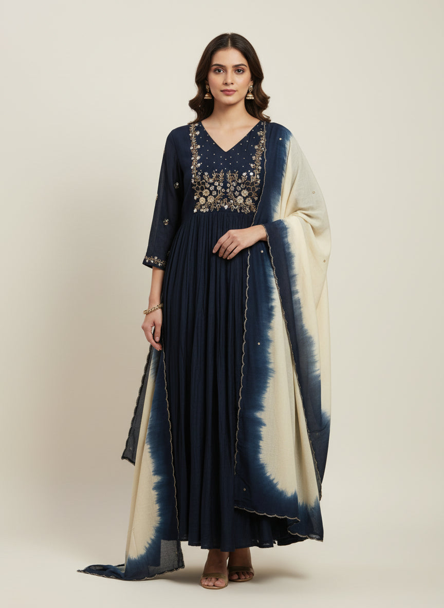 Navy Blue Mul Chanderi Hand Embroidery Anarkali Kurtha 899