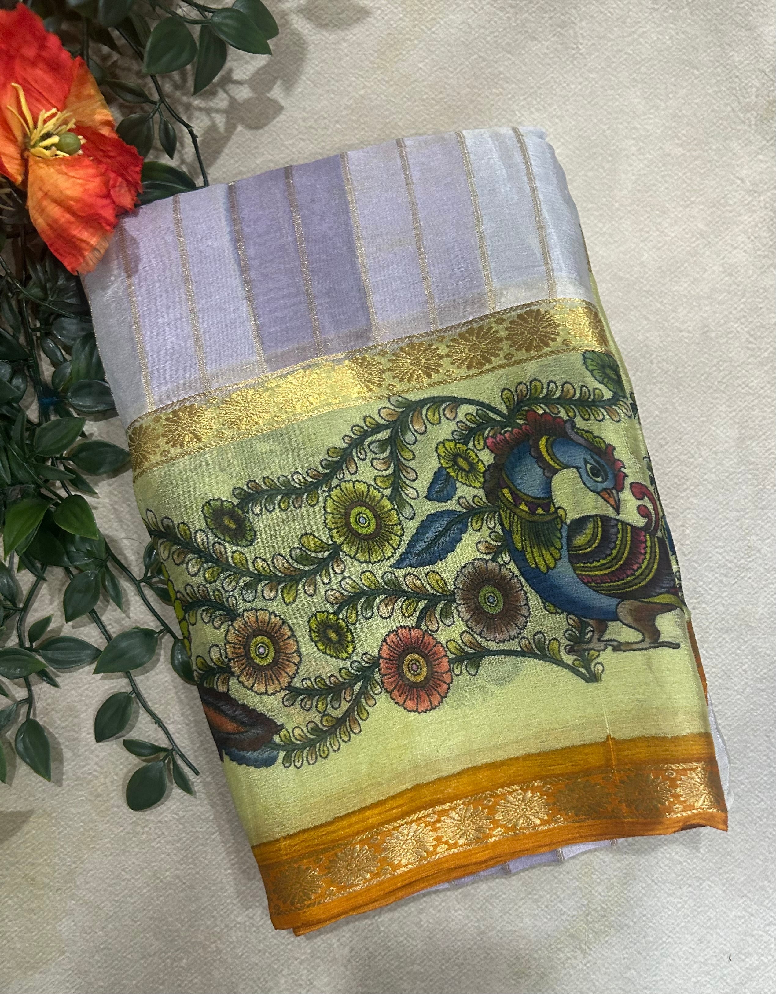 Rankart kalamkari border pure wrinkle 103 crepe silk saree