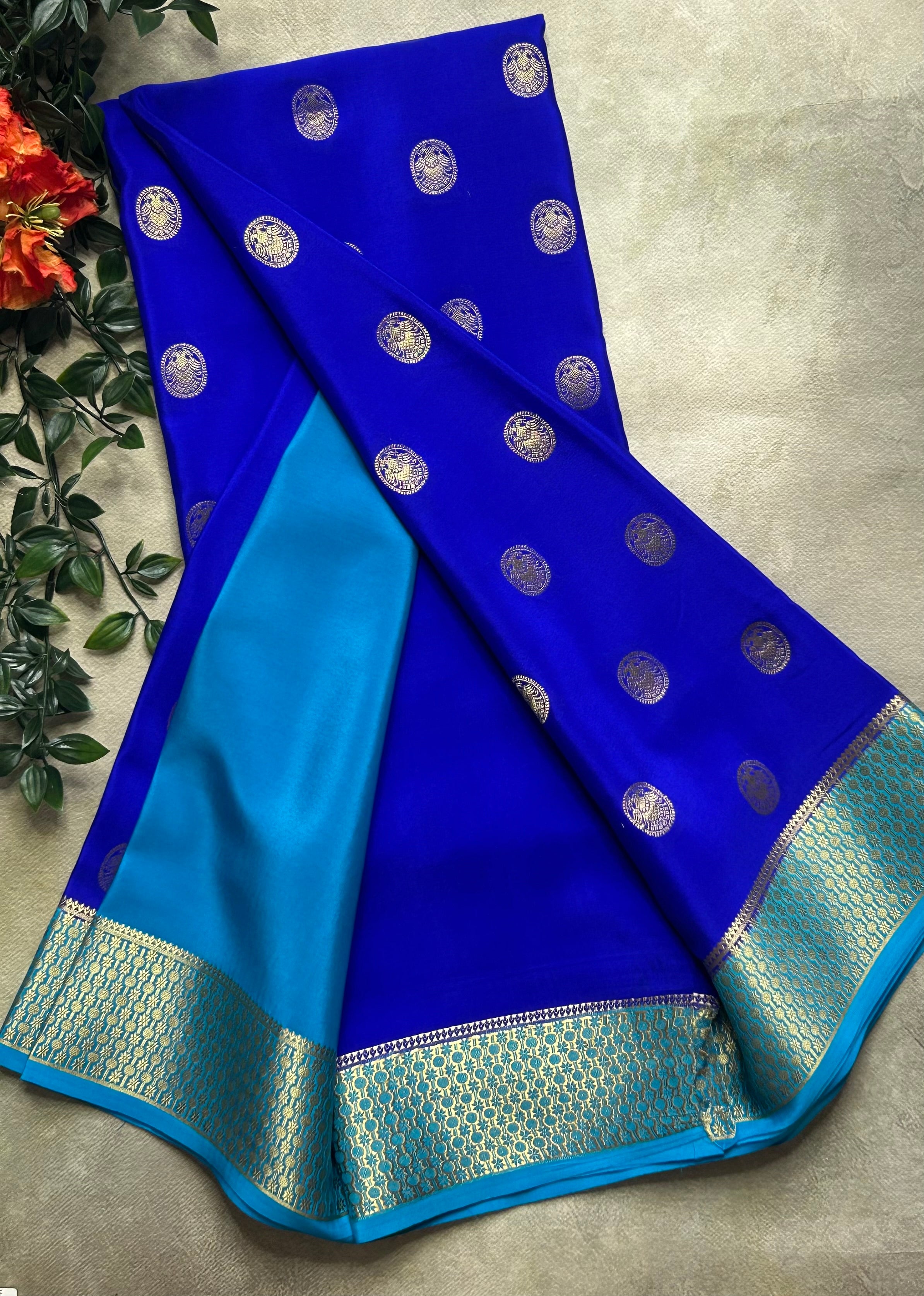 Royal blue Gandaberunda small Butta pure Mysore silk-103 saree