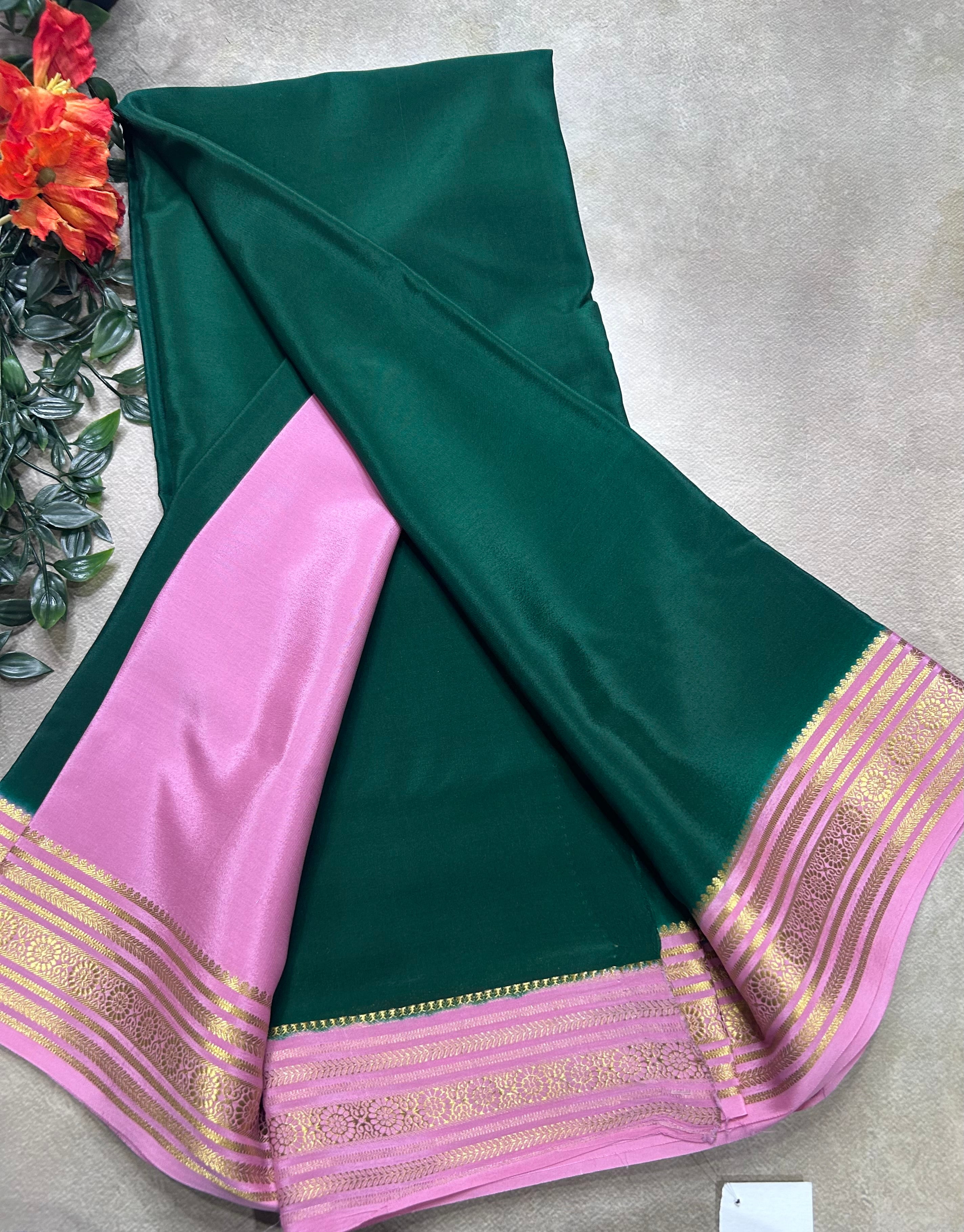 Bottle green small border pure mysore silk saree(MSC106)