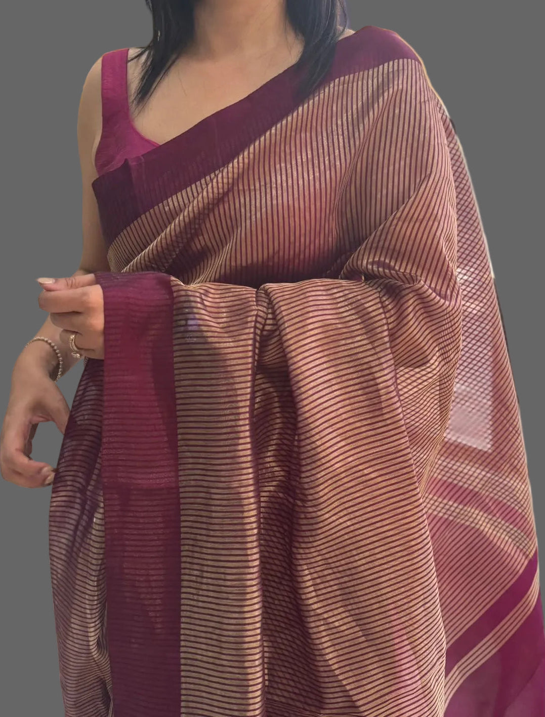 Wine  stripes Lightweight Pure Tissue Satin Border-12 Saree