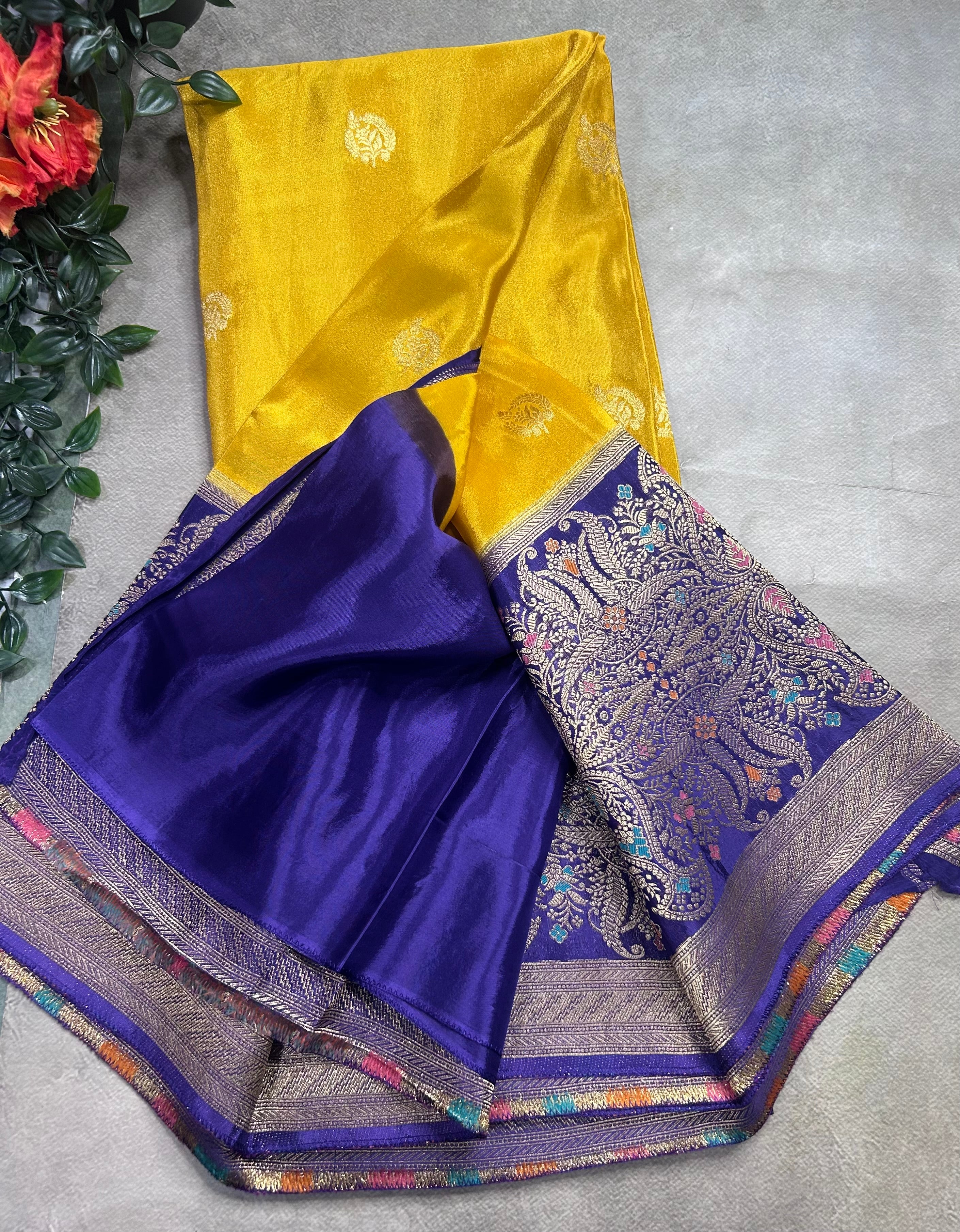 Yellow contrast long border soft semi tissue crepe 106 saree