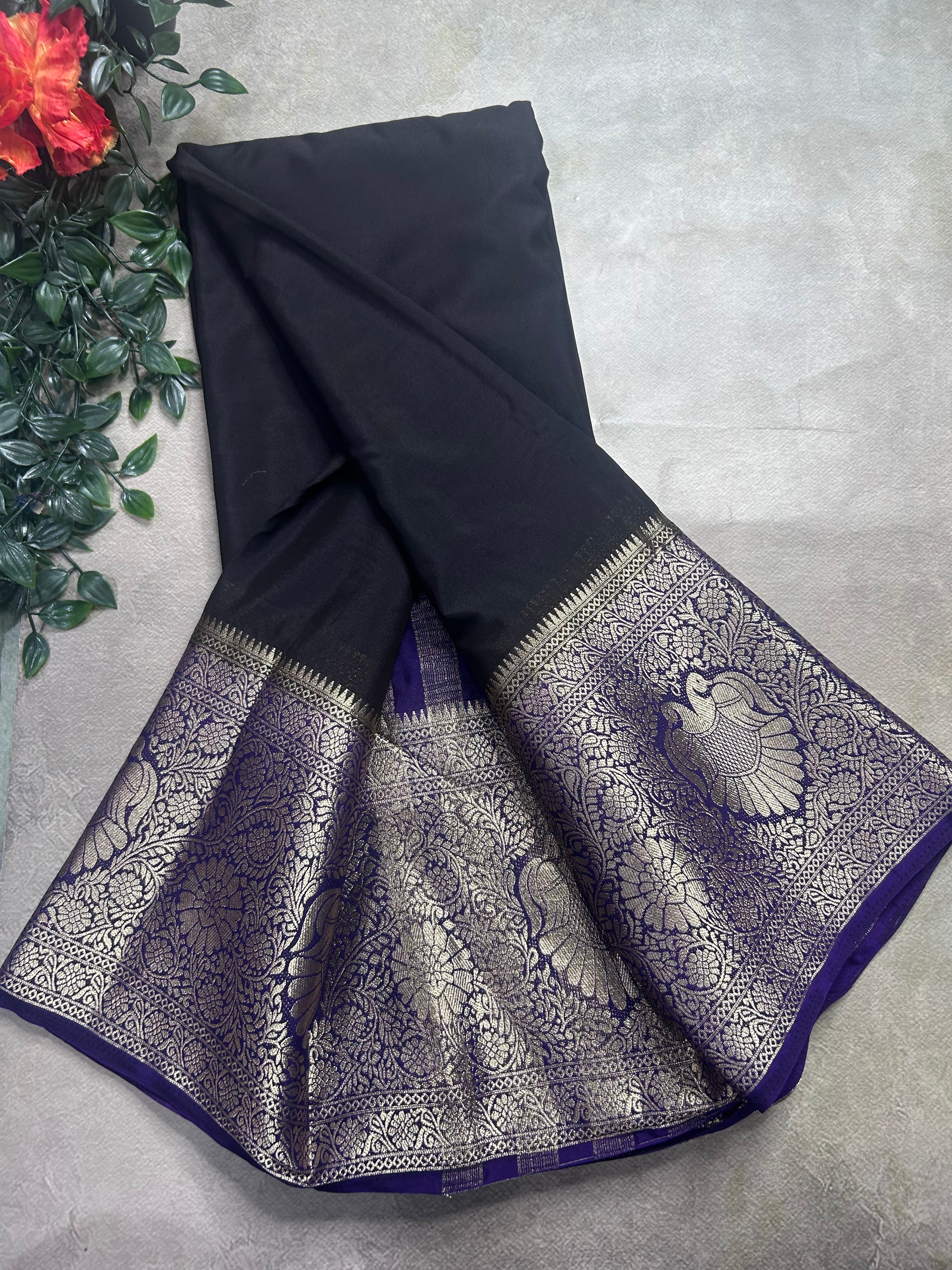 Black contrast long border soft semi Mysore crepe 106 saree