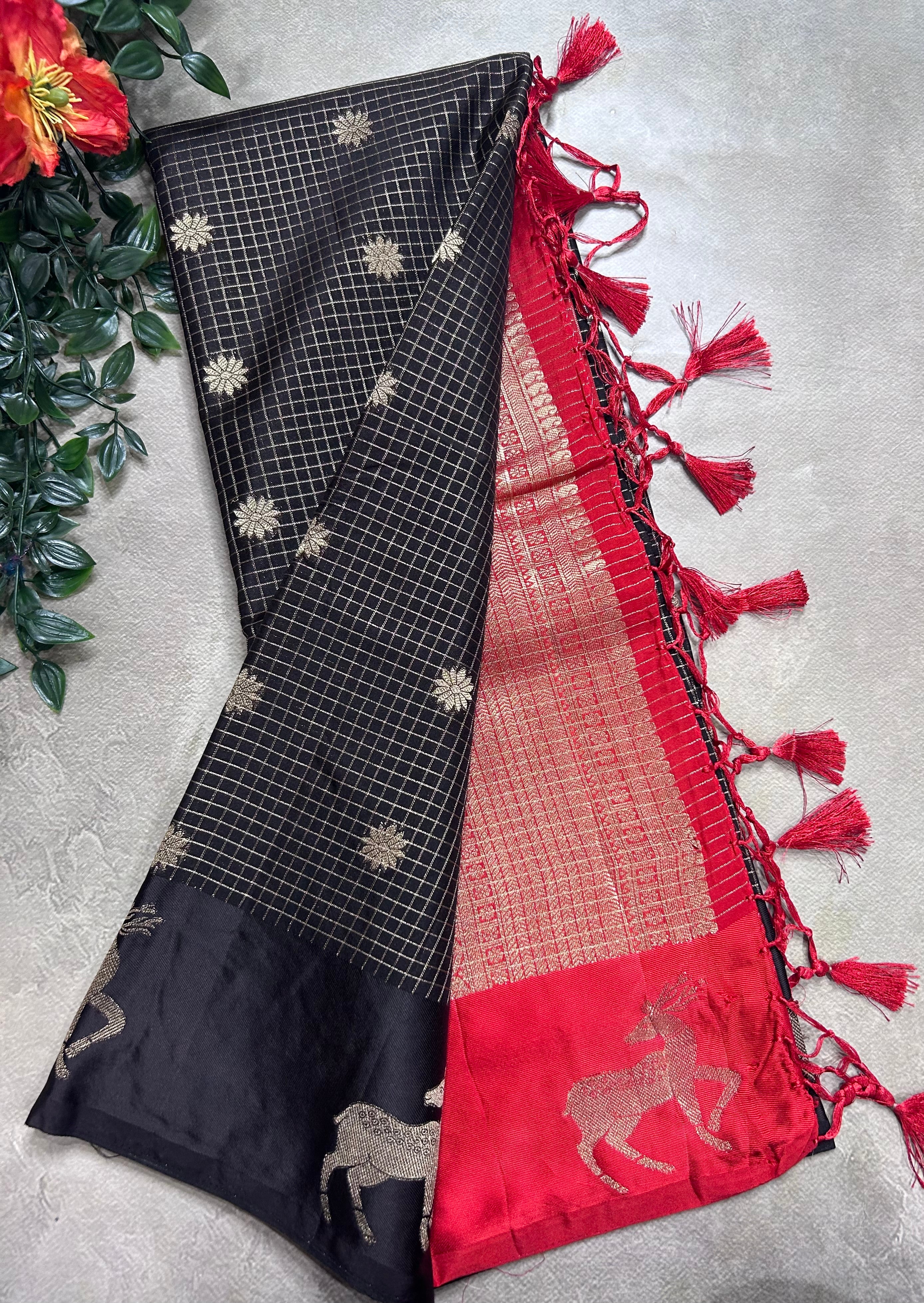 Black small checks semi Mysore crepe 106 saree