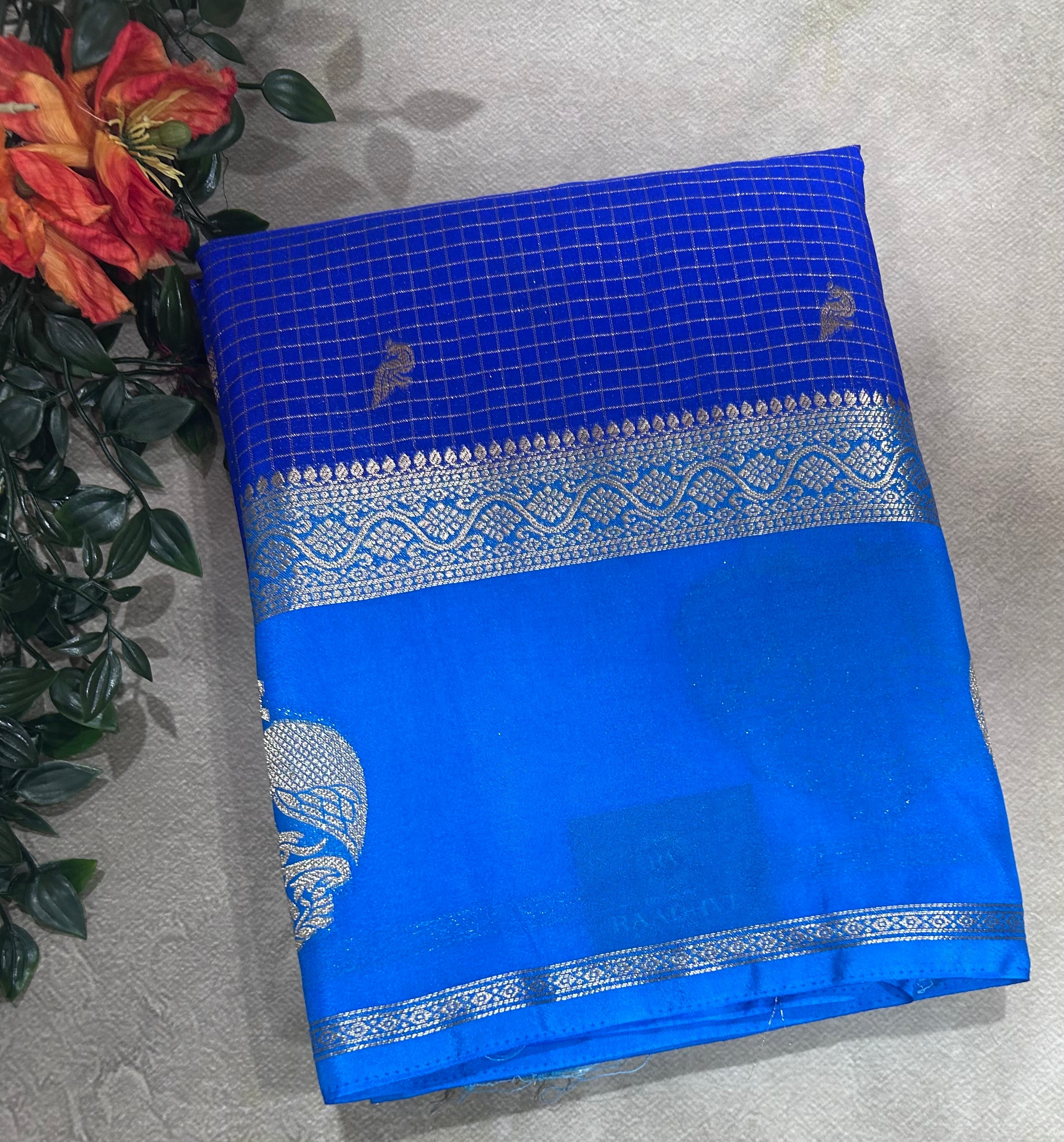 Royal blue gandaberunda border semi Mysore crepe 106 saree