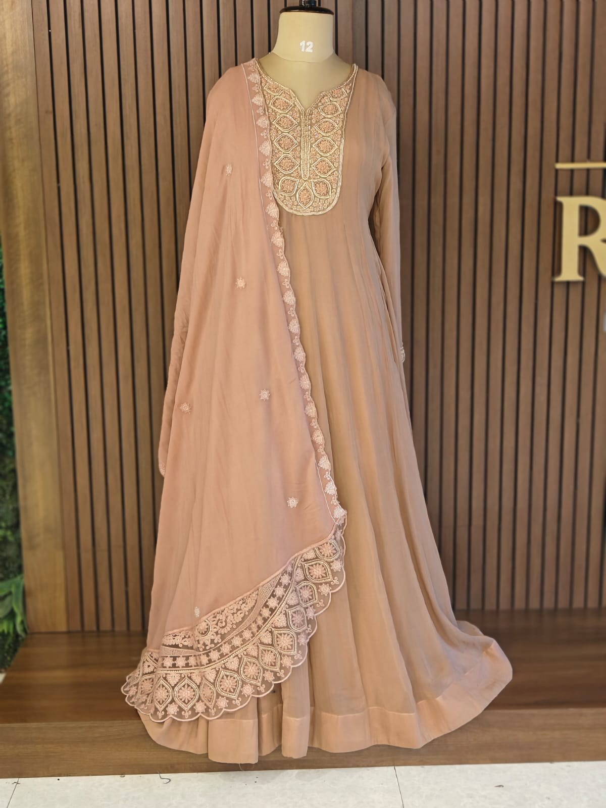 Beige Chinnon Hand Embroidery Gown Kurtha 567