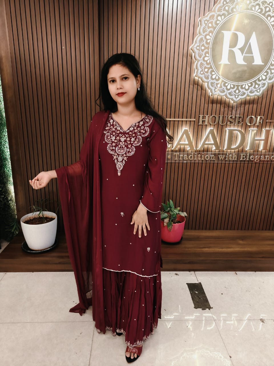 "PARI"  Wine Designer Kurtha Set with Handwork and Palzoo Pant