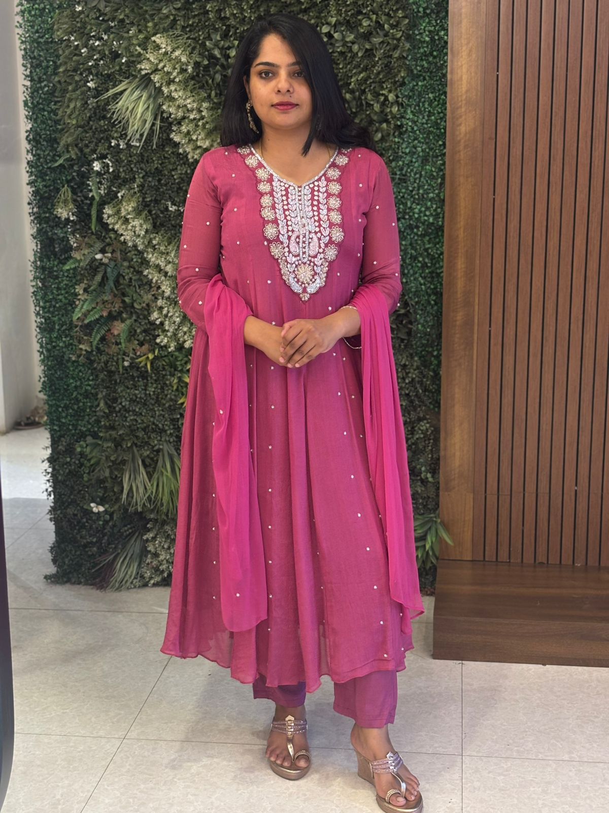 Pink Anarkali Chinnon Hand Embroidery Kurtha 567