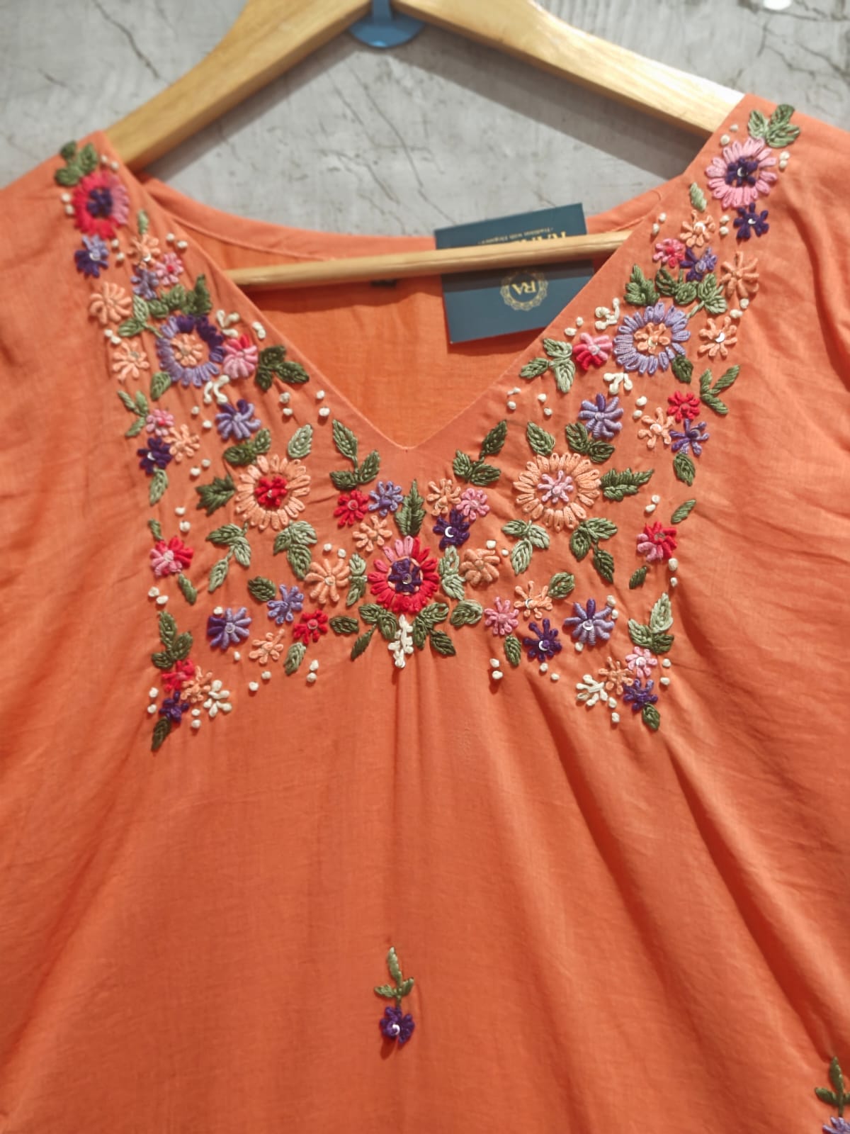 Orange Cotton Hand Embroidery Straight Fit Kurtha 212