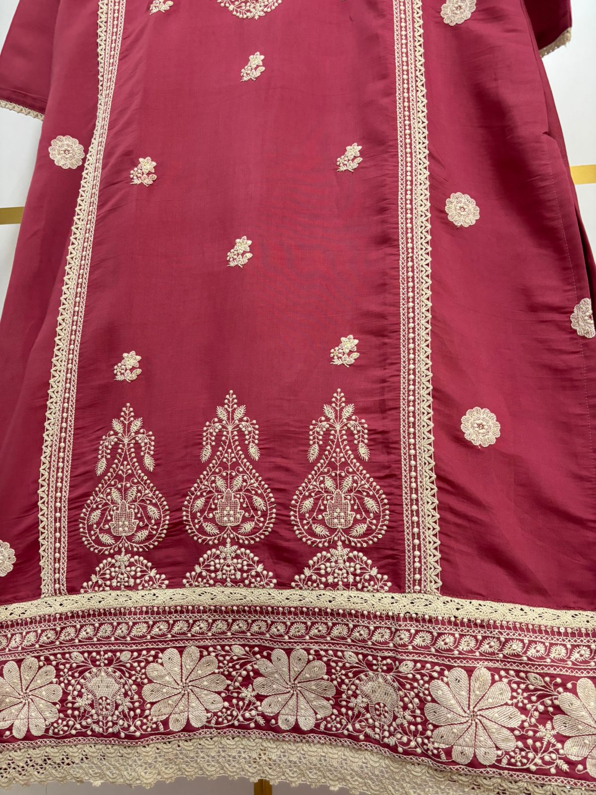 Pink Silk Thread Embroidery Work Straight Fit Kurtha 230