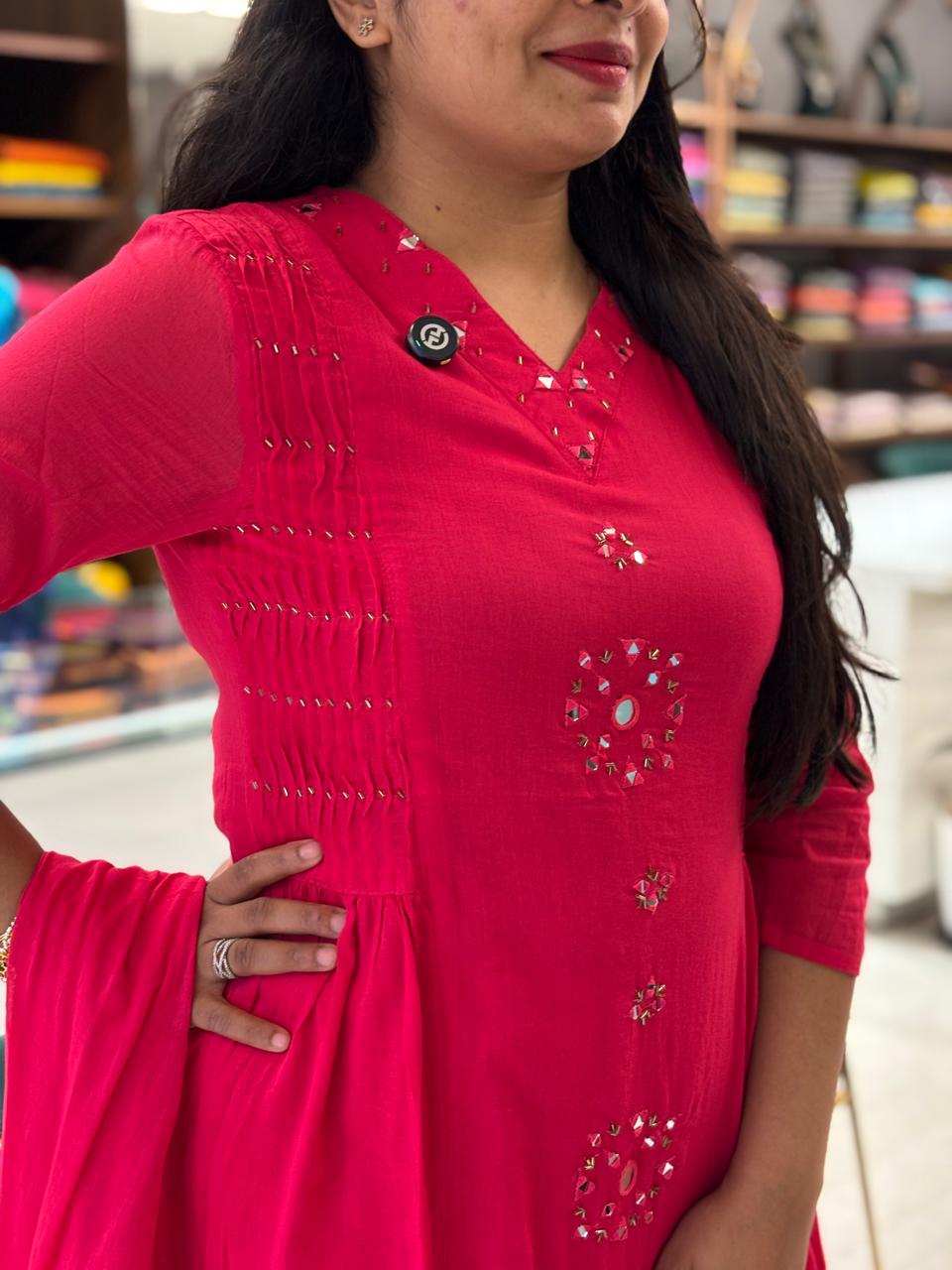 Pink Cotton Anarkali Mirror Work Kurtha 643