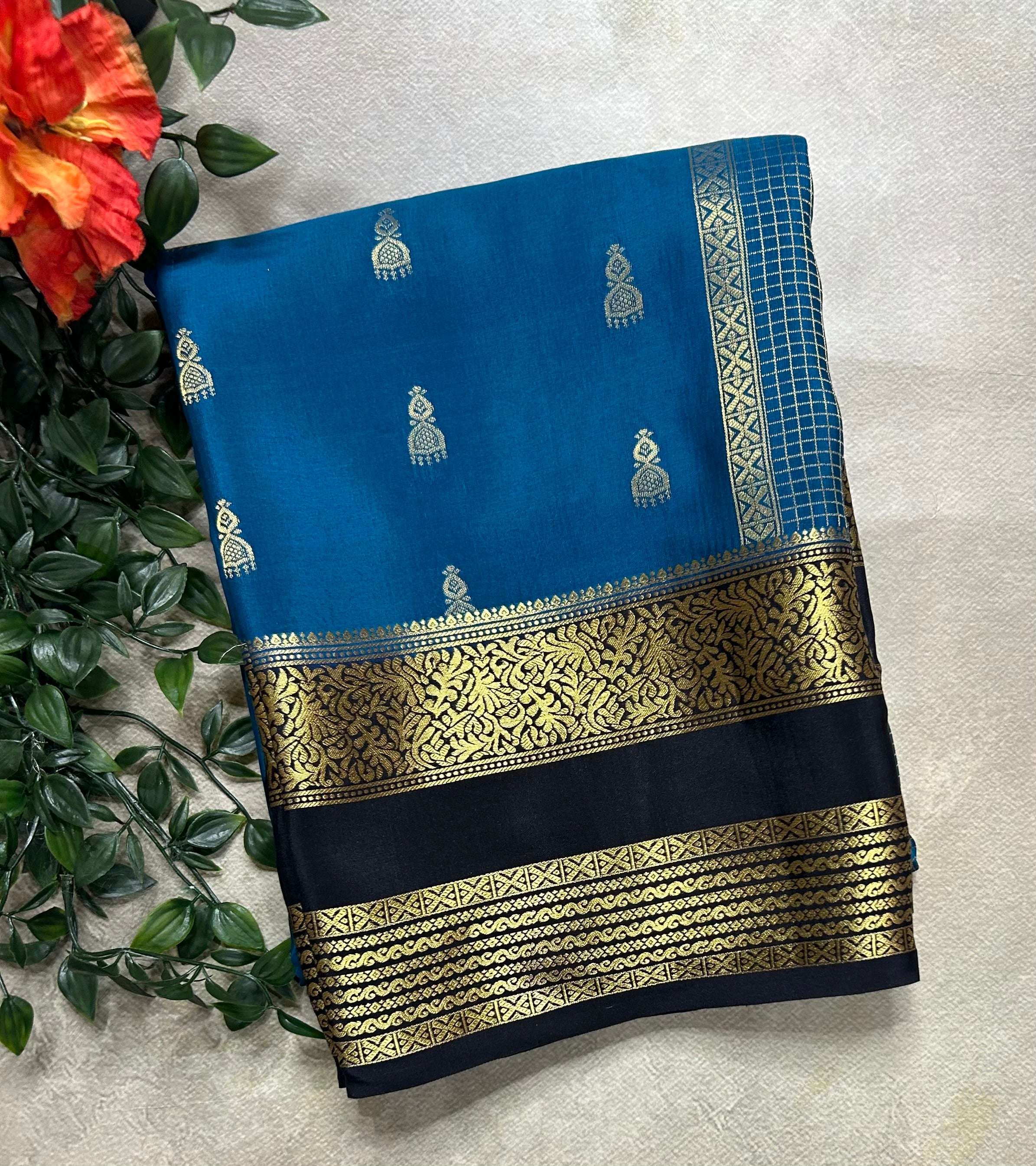 Peacock blue jumka Butta n bentex border pure Mysore silk saree ST105