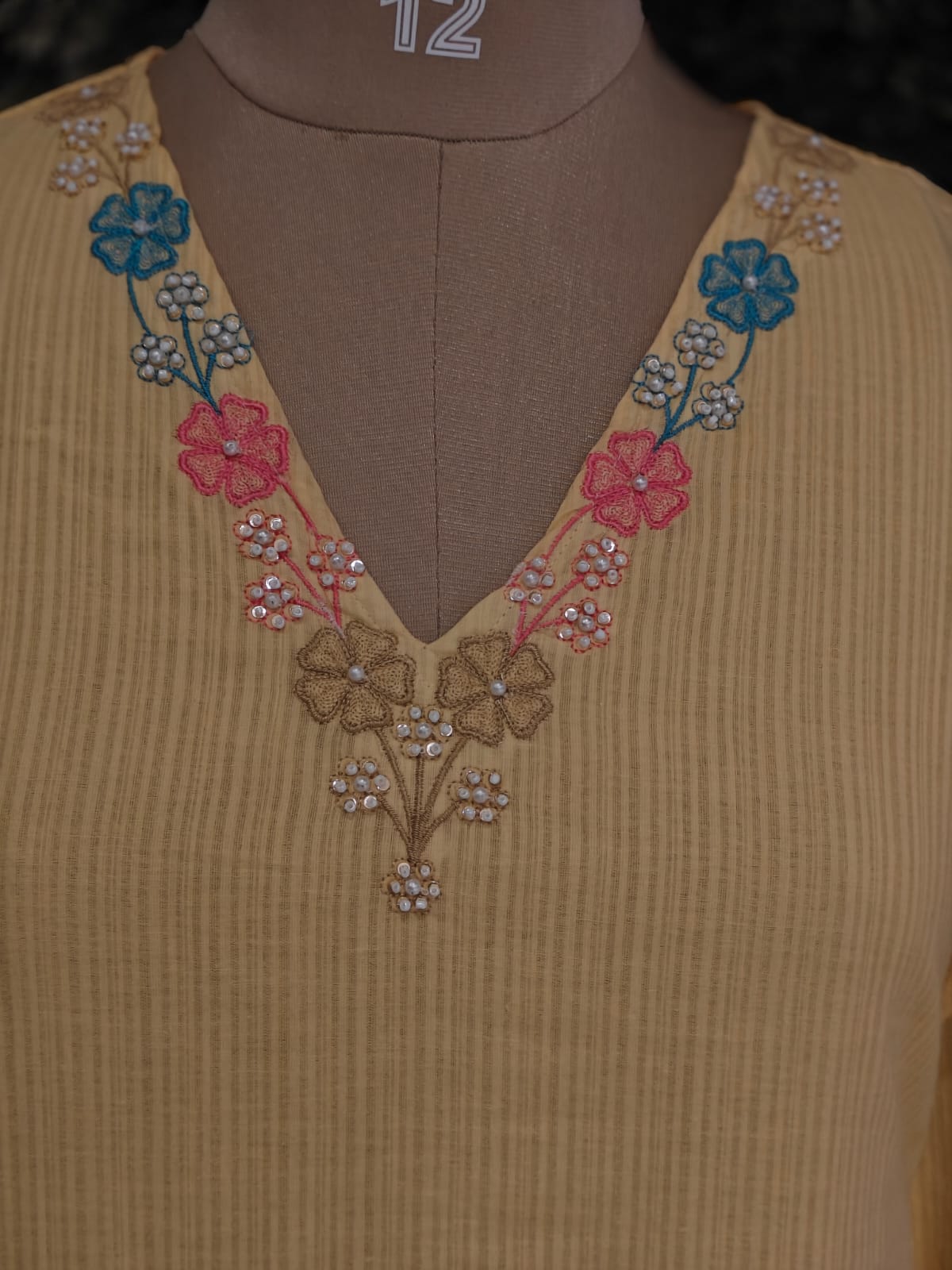 Yellow Mul Cotton Hand Embroidery Airline Kurtha 203