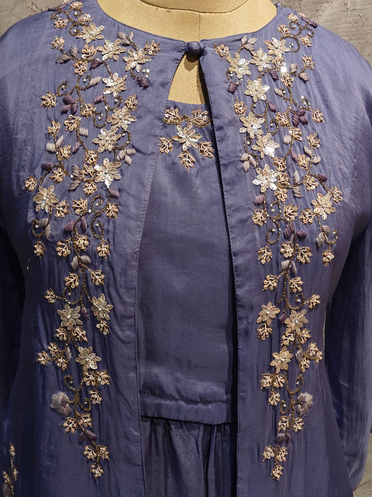 "PARI" Purple Designer Kurtha 43 Set with pearl handwork   Top, Palazoo and Jacket Indo-western cape