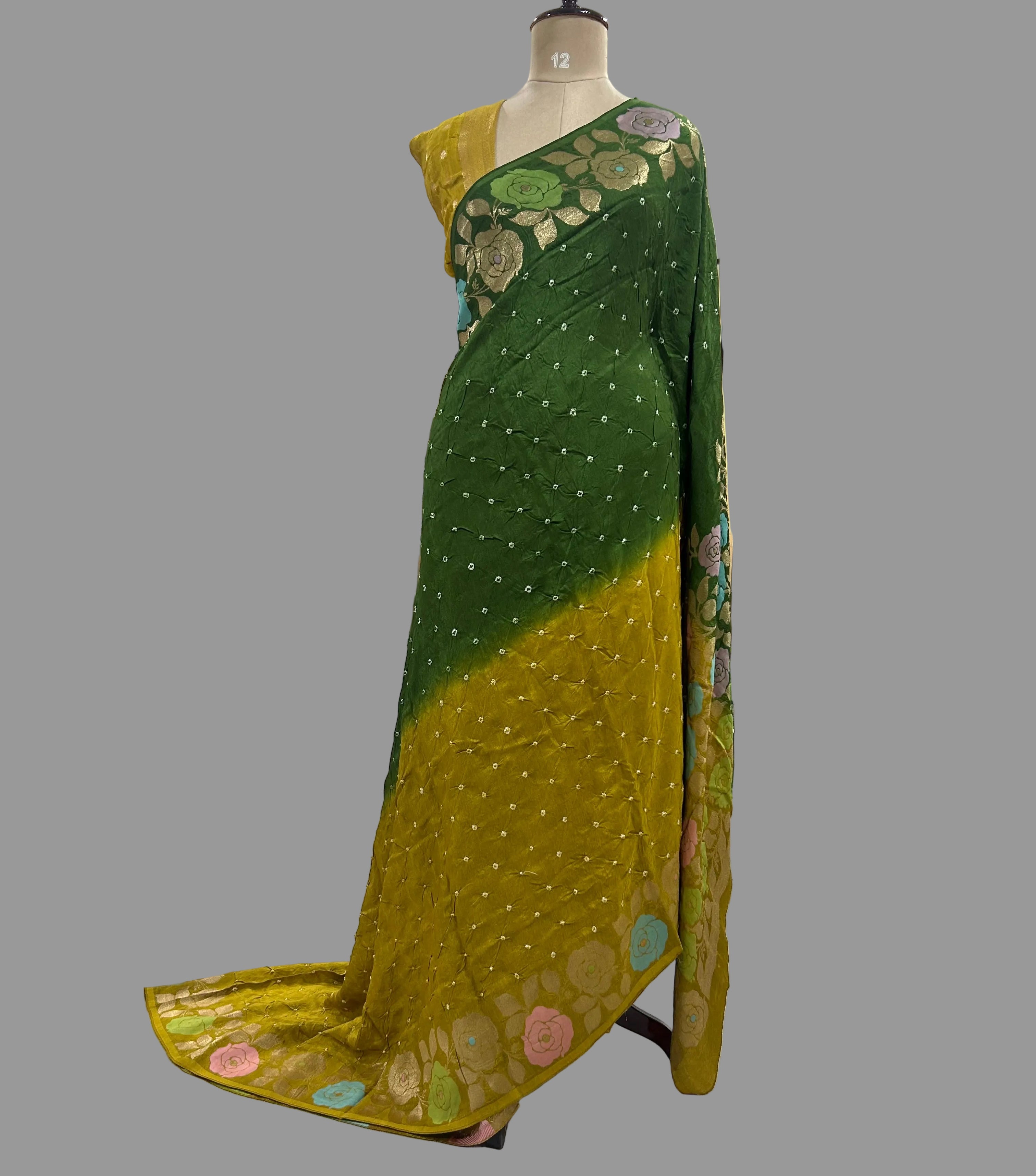 Green n yellow half n half Bandhini dola crepe 104 saree