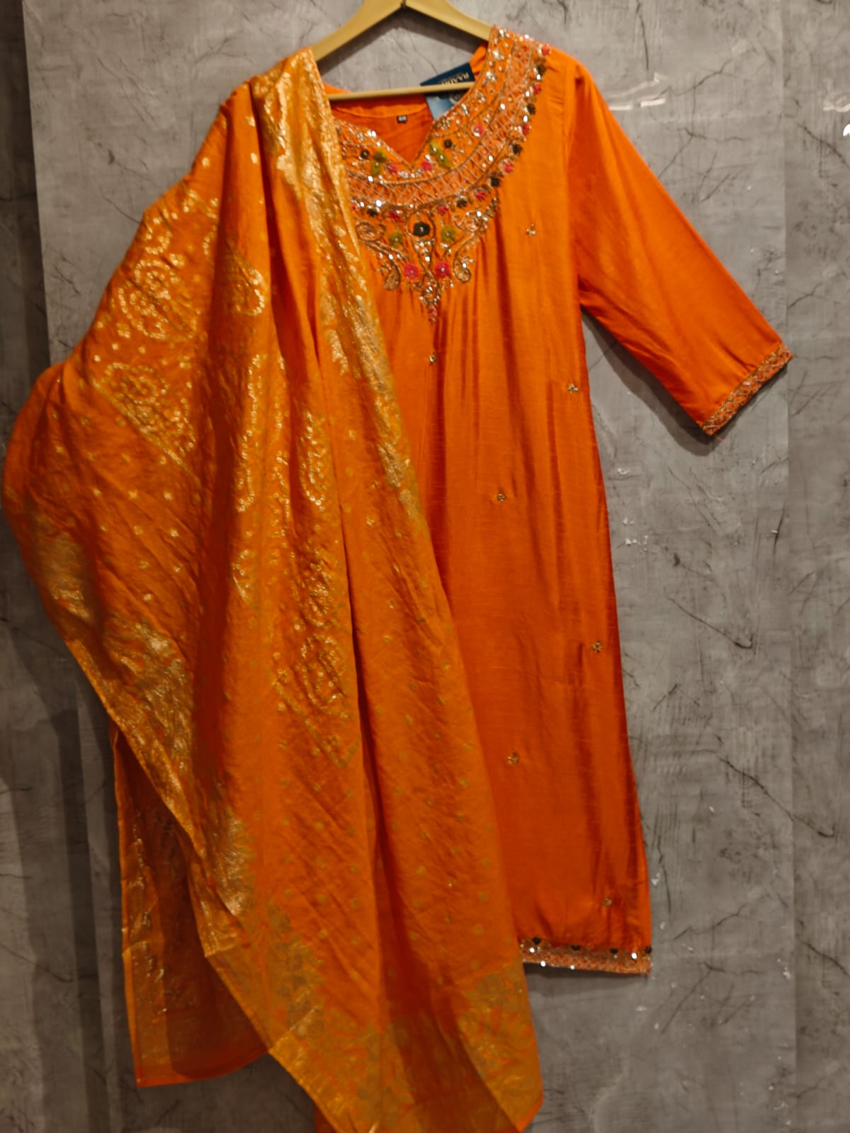 "Orange"  Dola silk embroidery kurtha set
