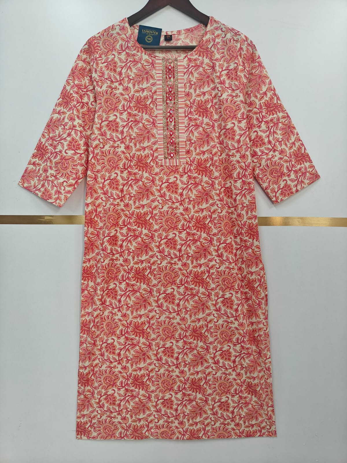 Pink Cotton Block Print Straight Fit Kurtha