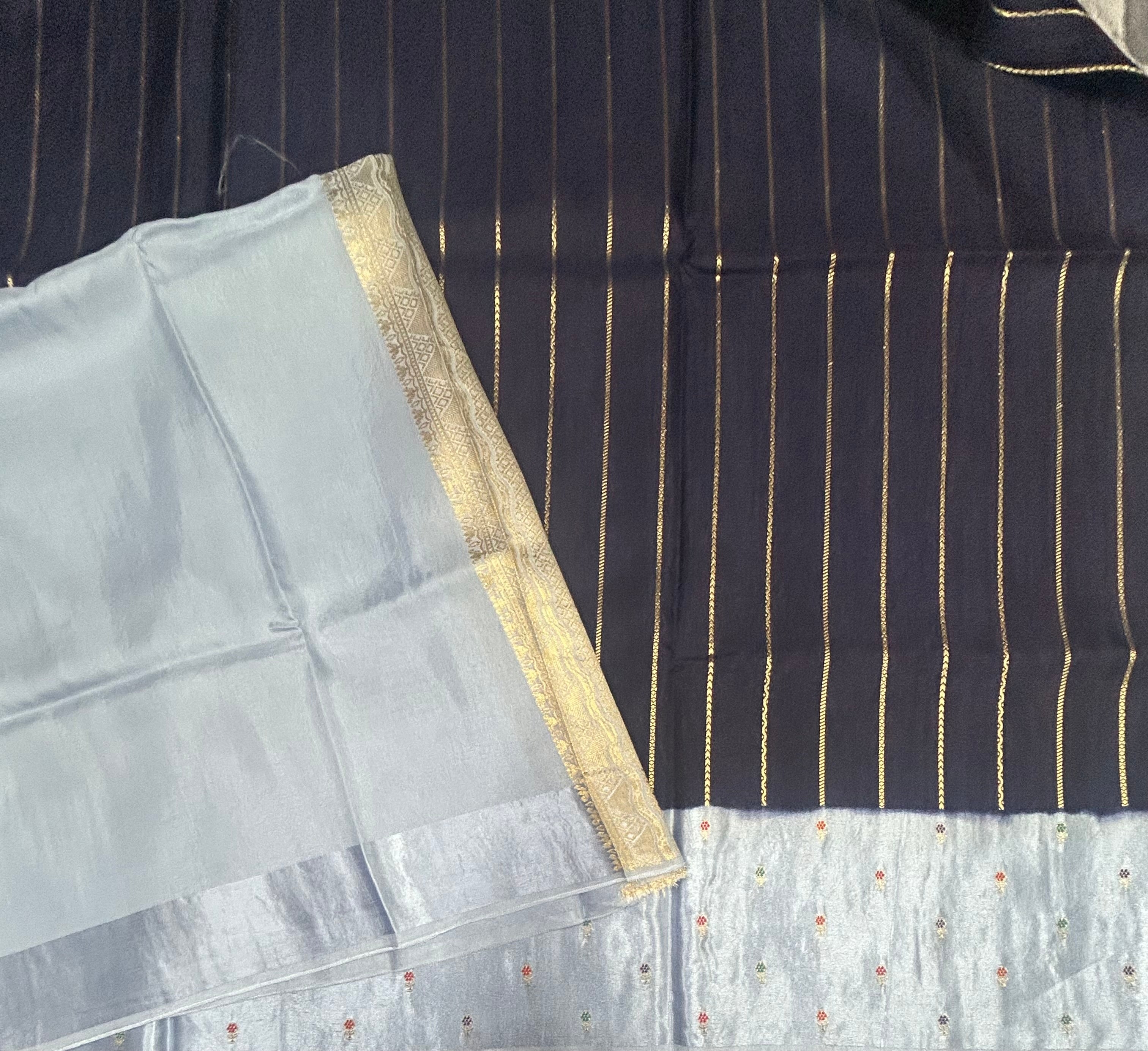 Navy blue contrast satin border semi Mysore crepe 105 saree