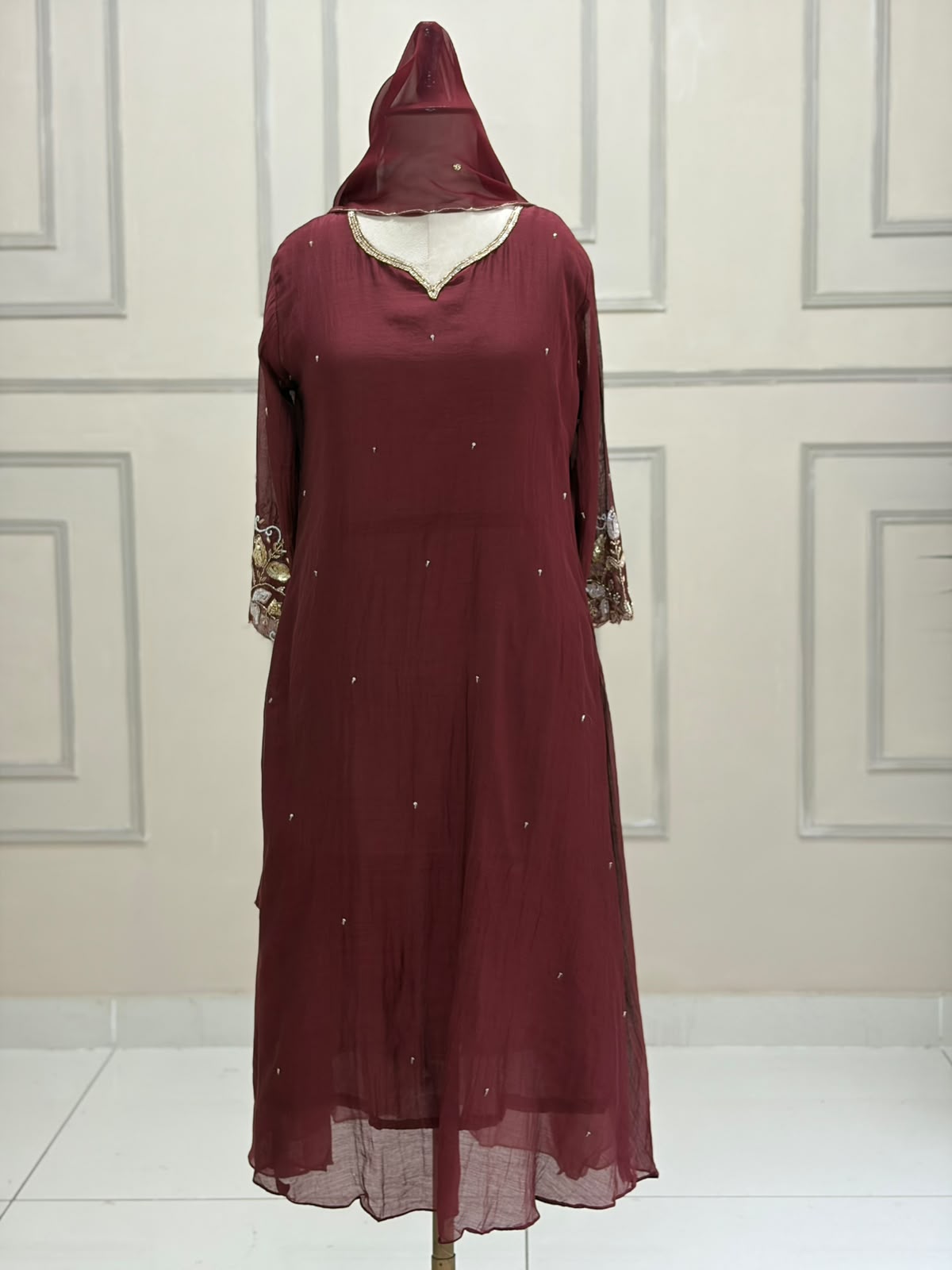 Brown Mul Chanderi Hand Embroidery Airline Kurtha 514