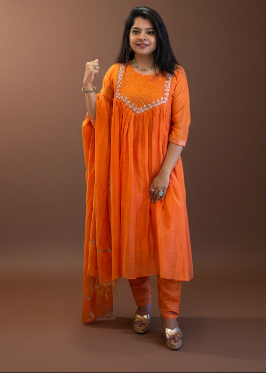 "Sita" Orange Mul Chanderi Silk Anarkali Handwork Kurtha 141 Set