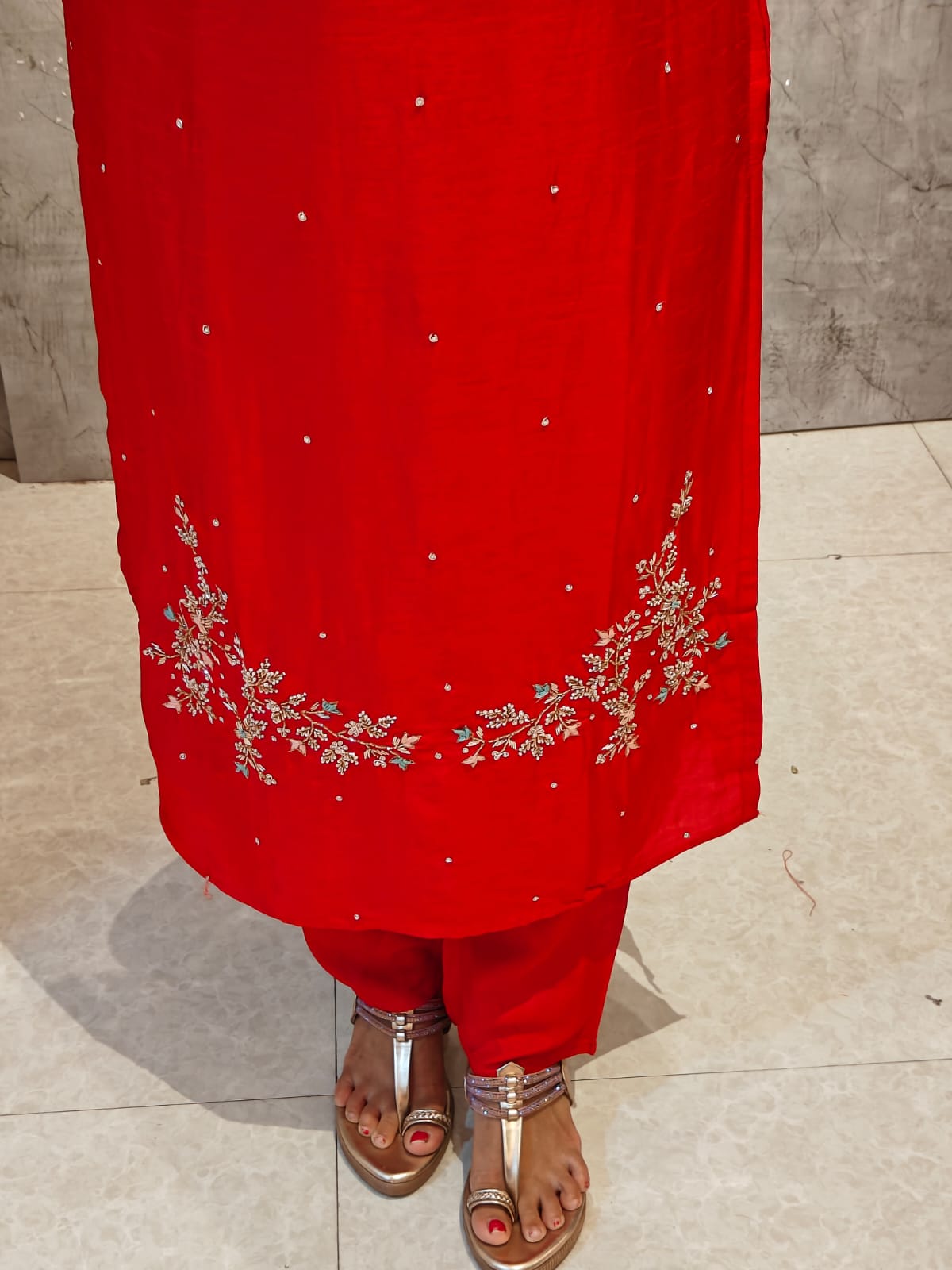Red Dola Silk Hand Embroidery Straight Fit Kurtha 022