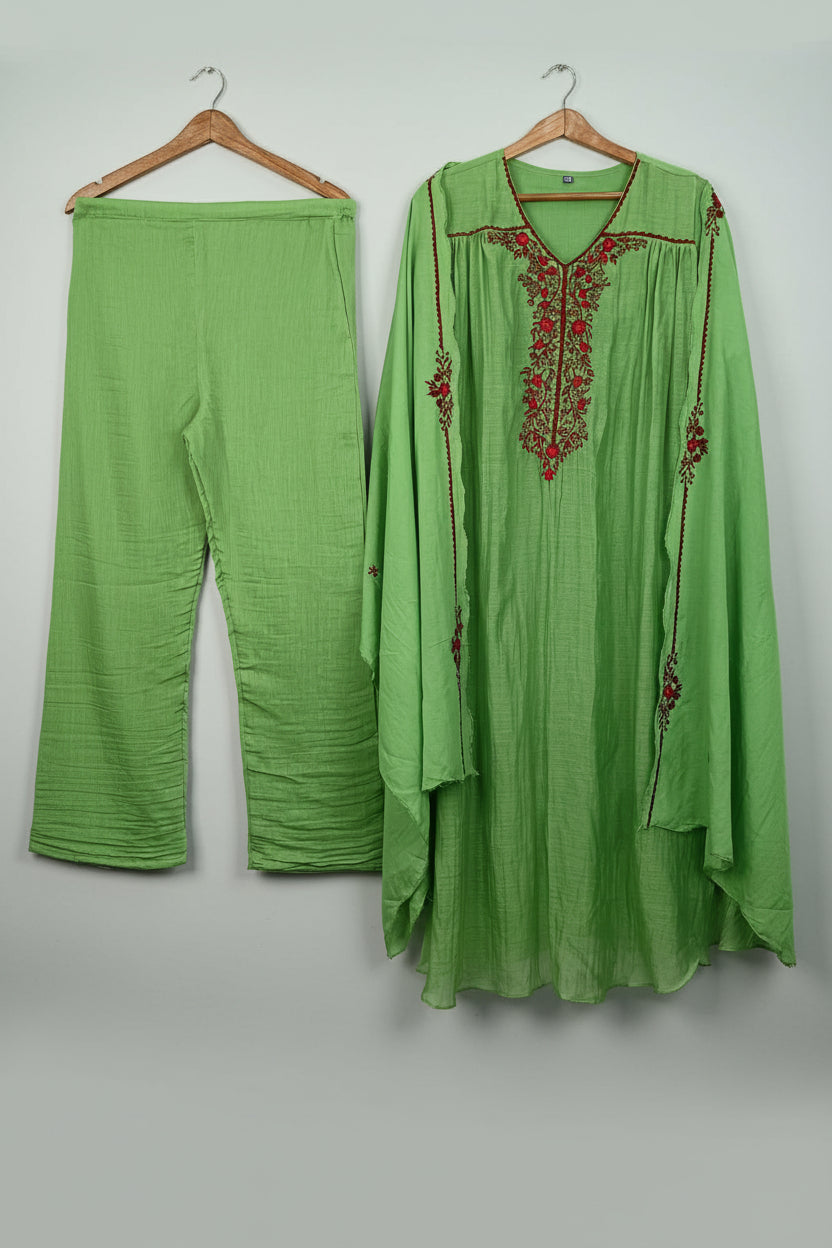 Green Mul Chanderi Anarkali Handwork Kurtha 126