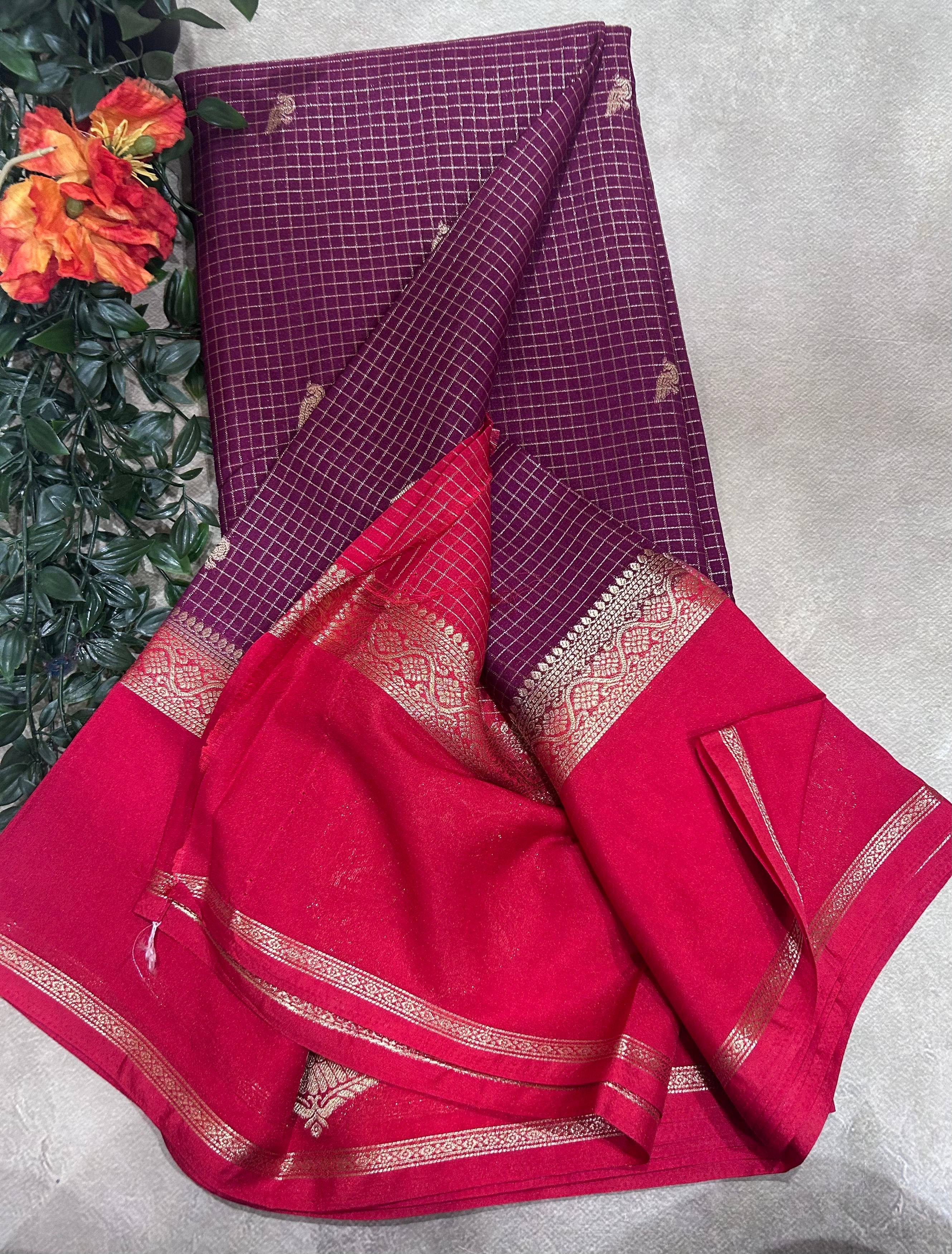 Wine gandaberunda border semi Mysore crepe 106 saree
