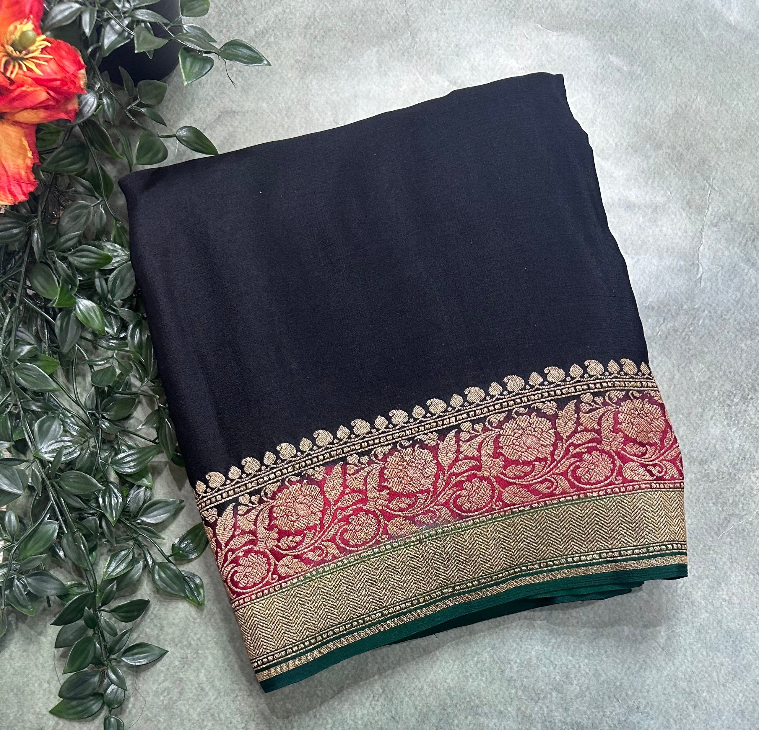 Black plain pure benarasi 106 crepe silk saree
