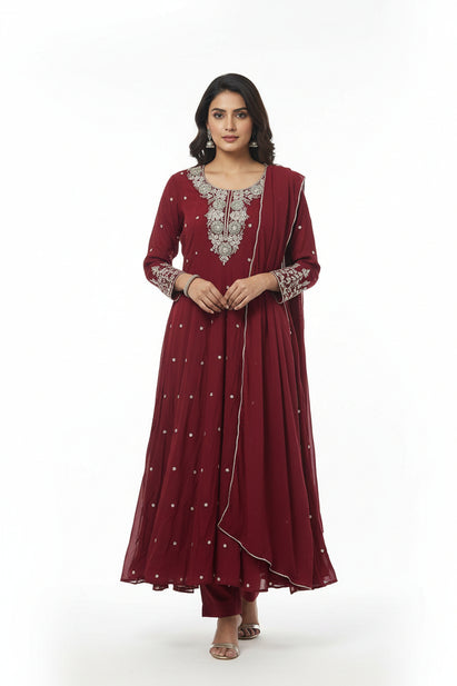 Maroon Anarkali Chinnon Hand Embroidery Kurtha 567