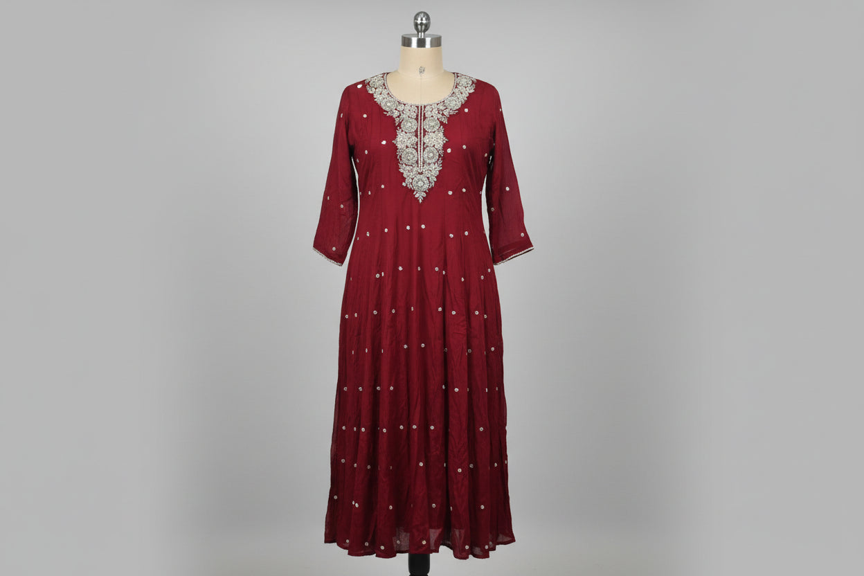 Maroon Anarkali Chinnon Hand Embroidery Kurtha 567