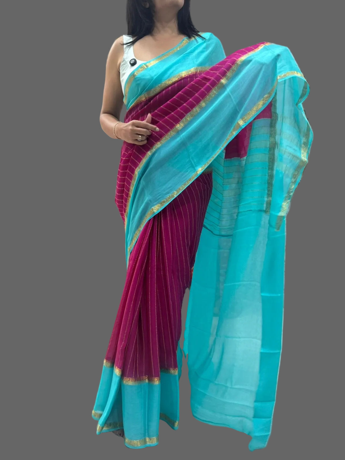 Pink blue 11 pure wrinkle crepe silk saree