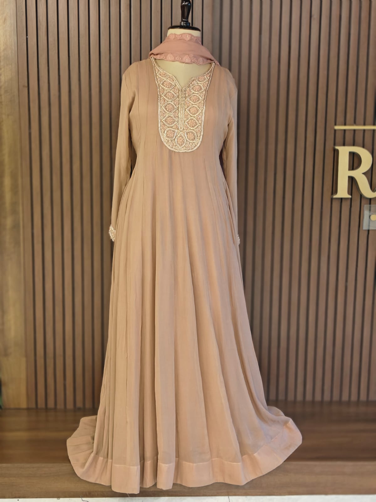 Beige Chinnon Hand Embroidery Gown Kurtha 567