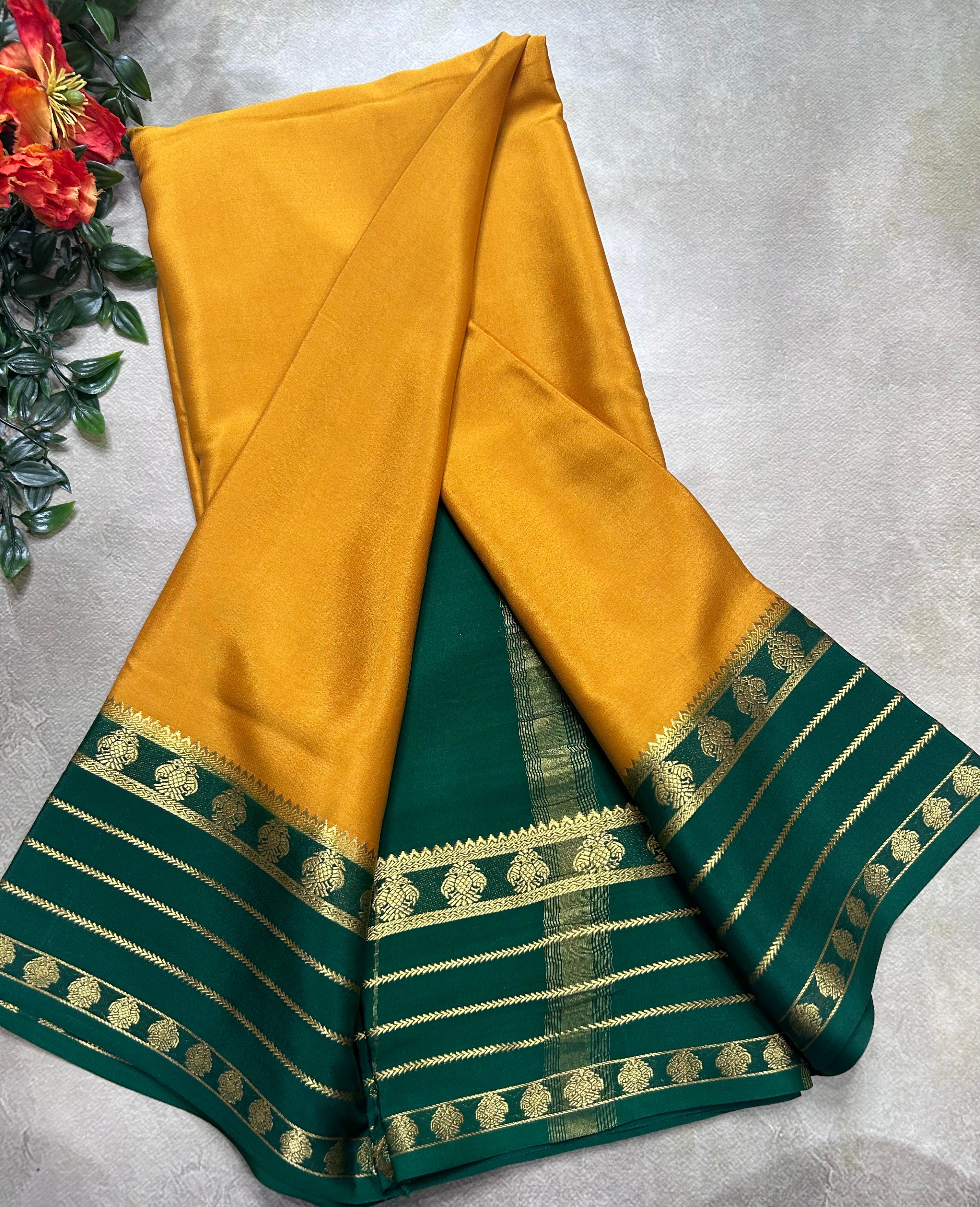 Mustard Yellow stripes border pure mysore silk saree(YMS106)