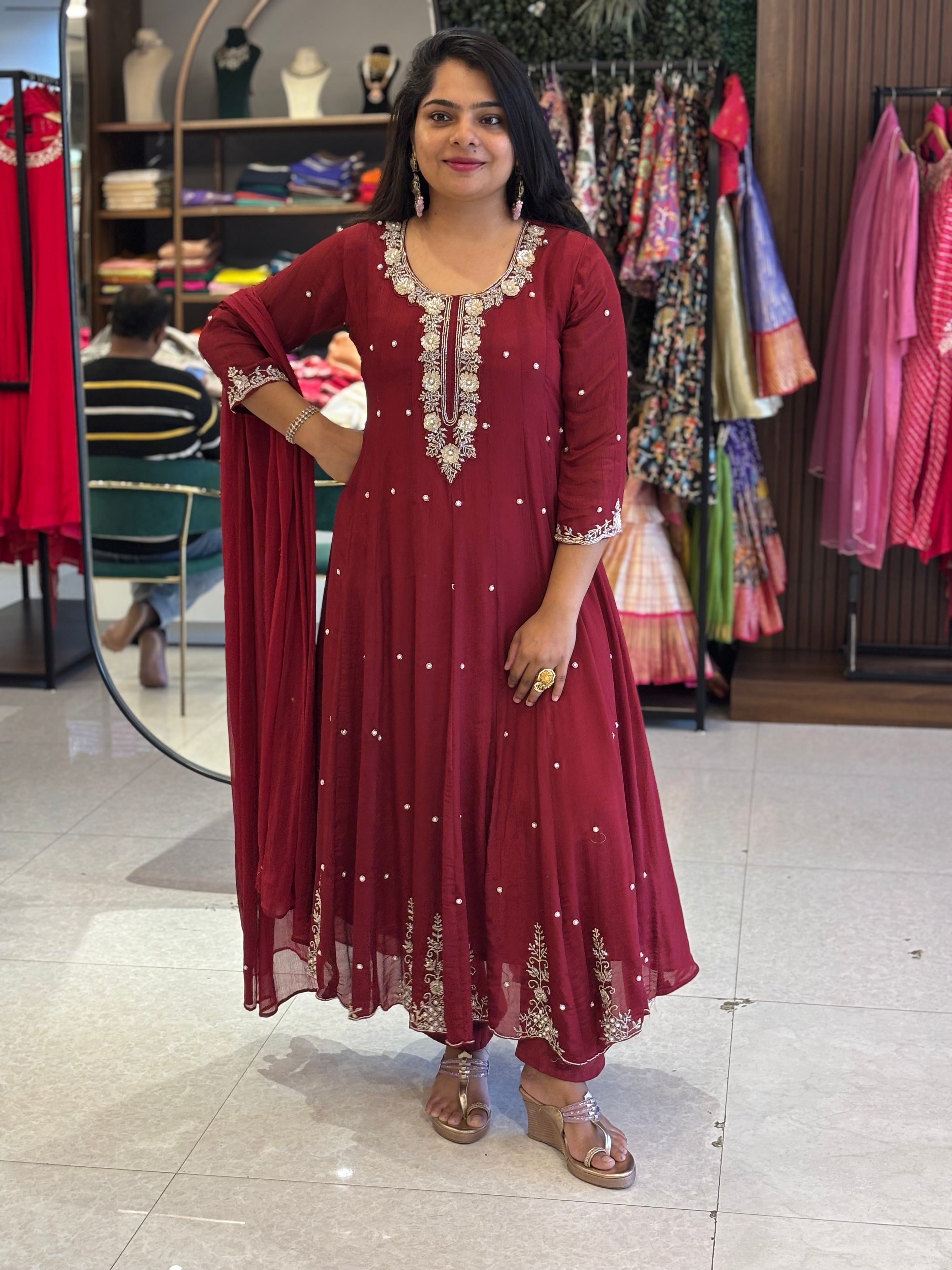 Maroon Anarkali Chinnon Hand Embroidery Kurtha 567