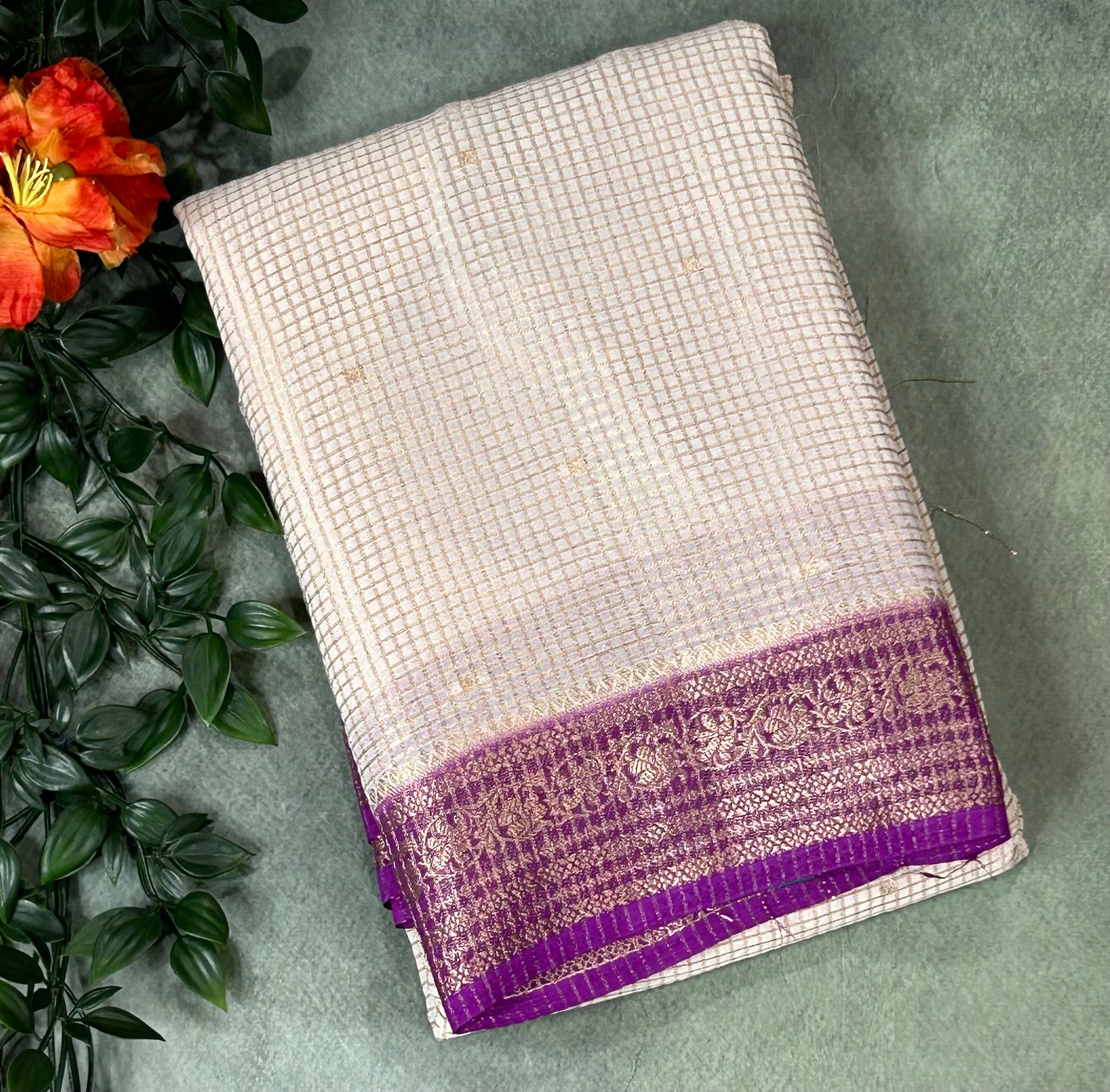 Cream small checks semi mysore crepe-12 saree