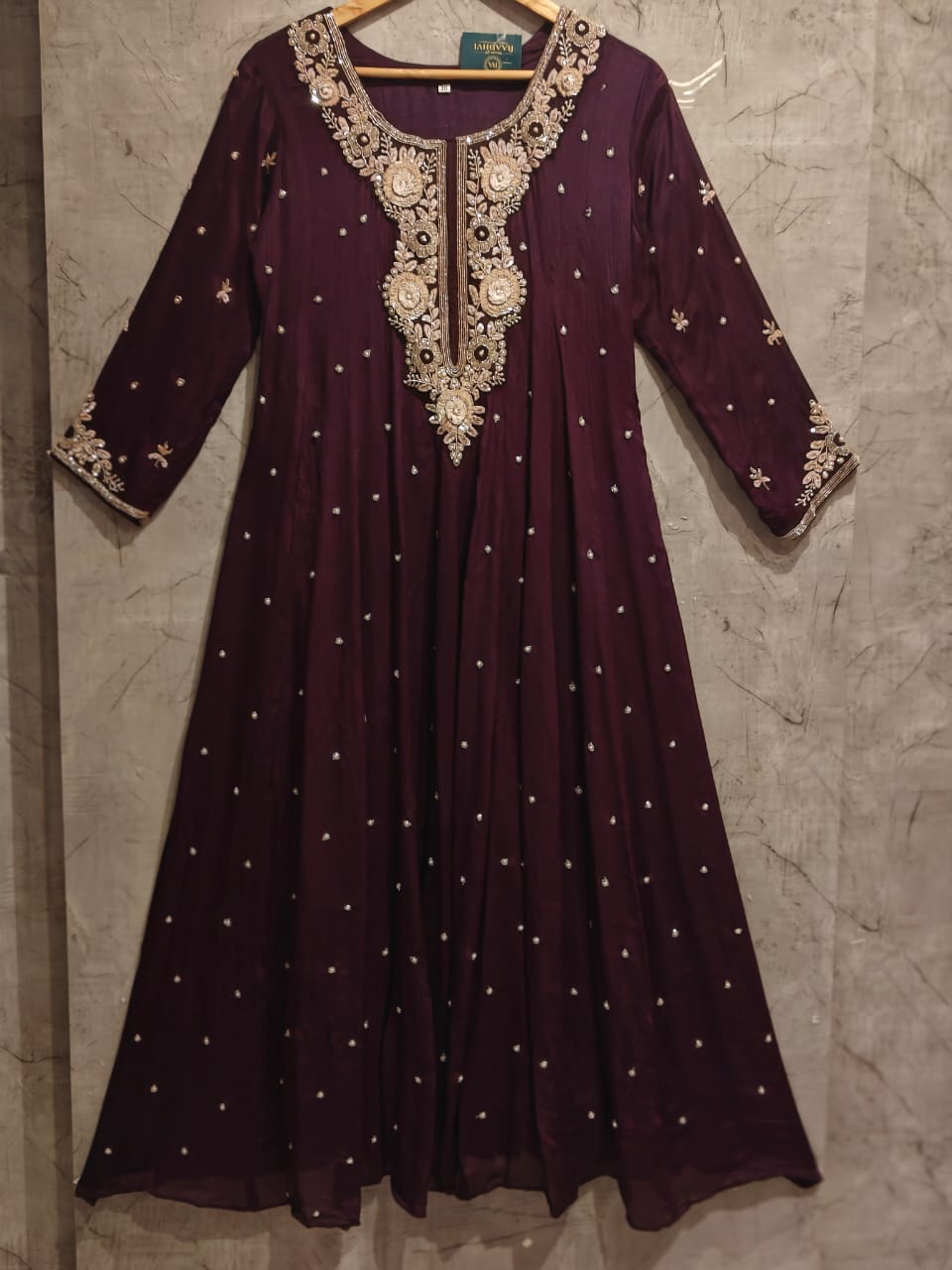 Purple Anarkali Chinnon Hand Embroidery Kurtha 567